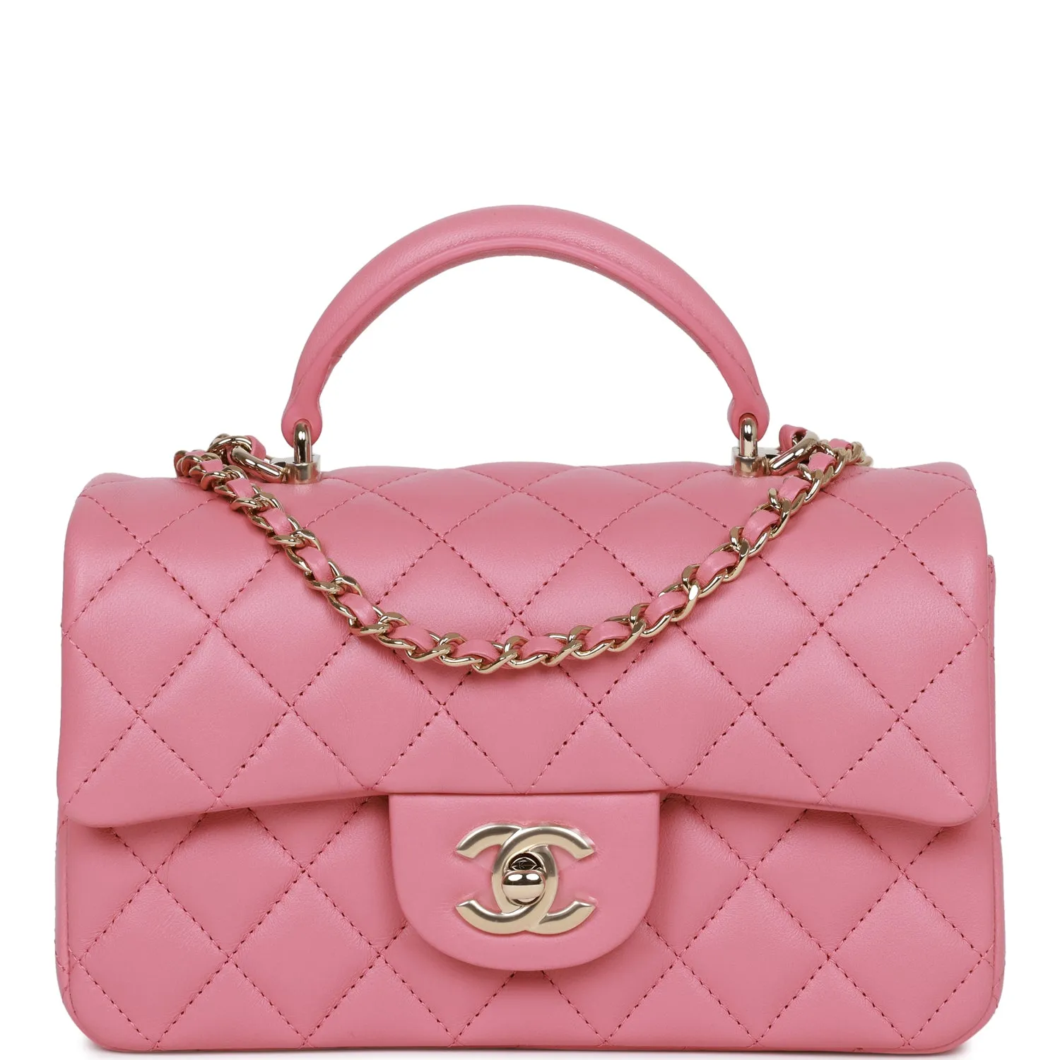 Chanel Mini Rectangular Flap with Top Handle Dark Pink Lambskin Light Gold Hardware