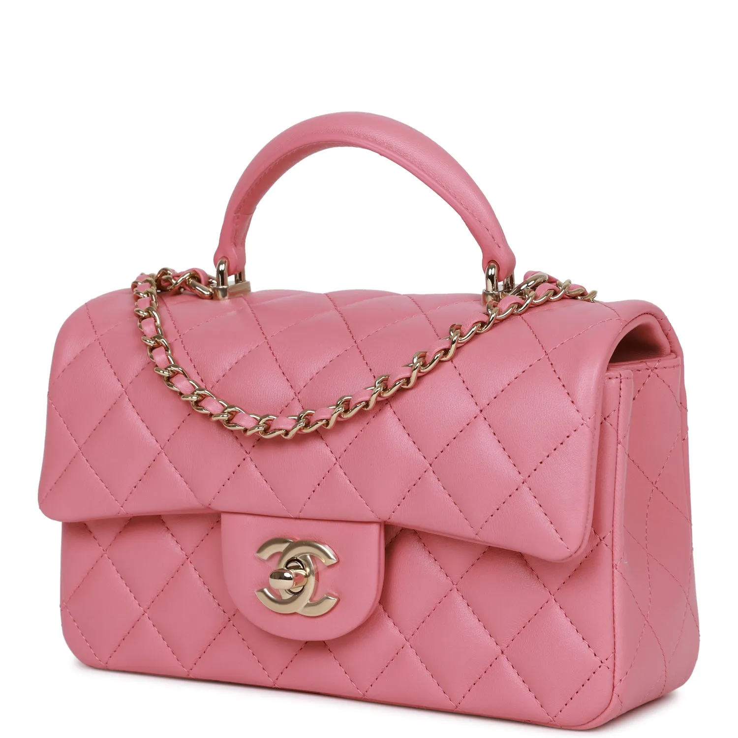 Chanel Mini Rectangular Flap with Top Handle Dark Pink Lambskin Light Gold Hardware