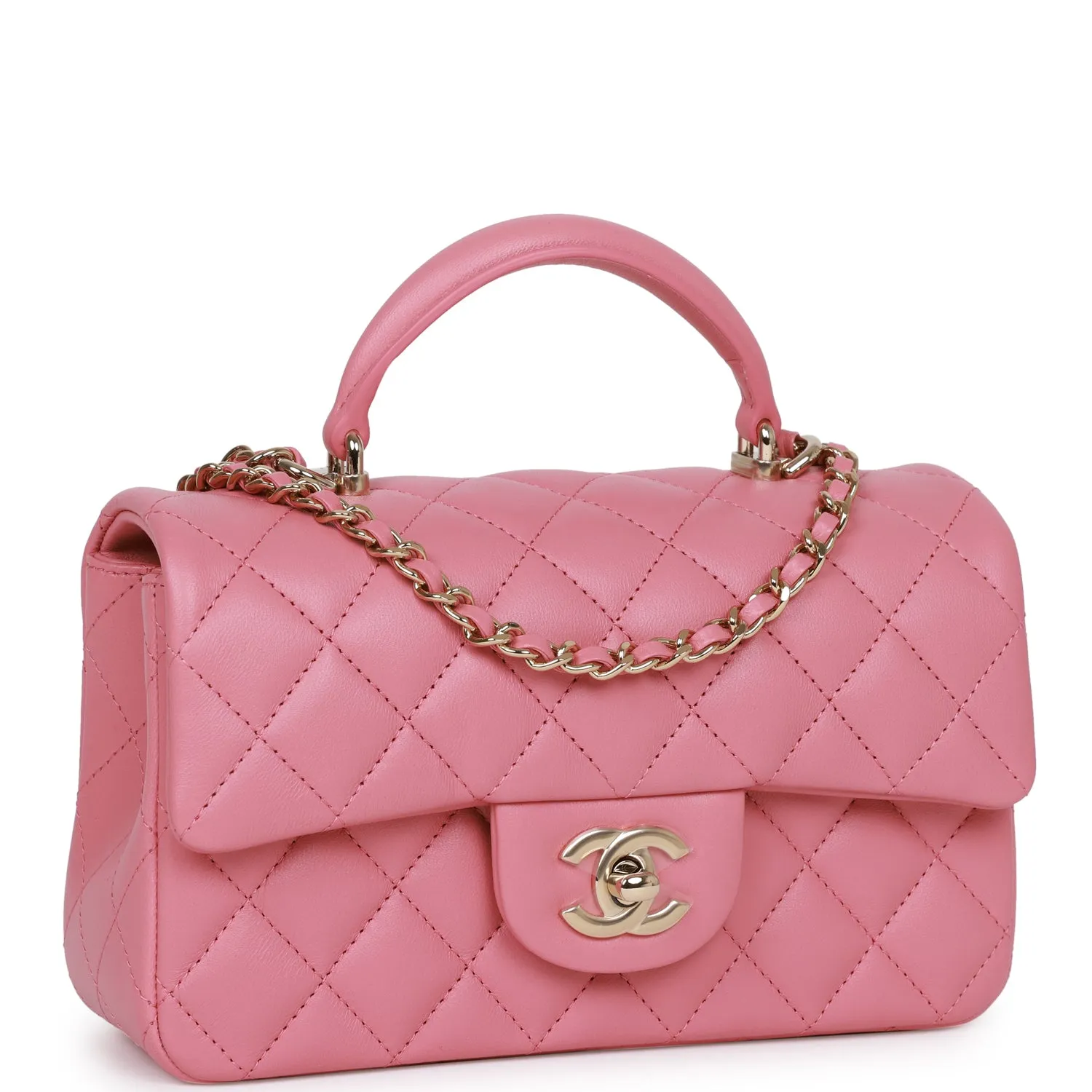 Chanel Mini Rectangular Flap with Top Handle Dark Pink Lambskin Light Gold Hardware