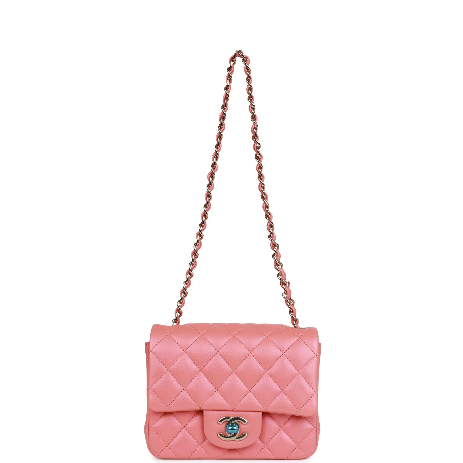 Chanel Mini Square Flap Bag Pink Lambskin Light Gold Hardware