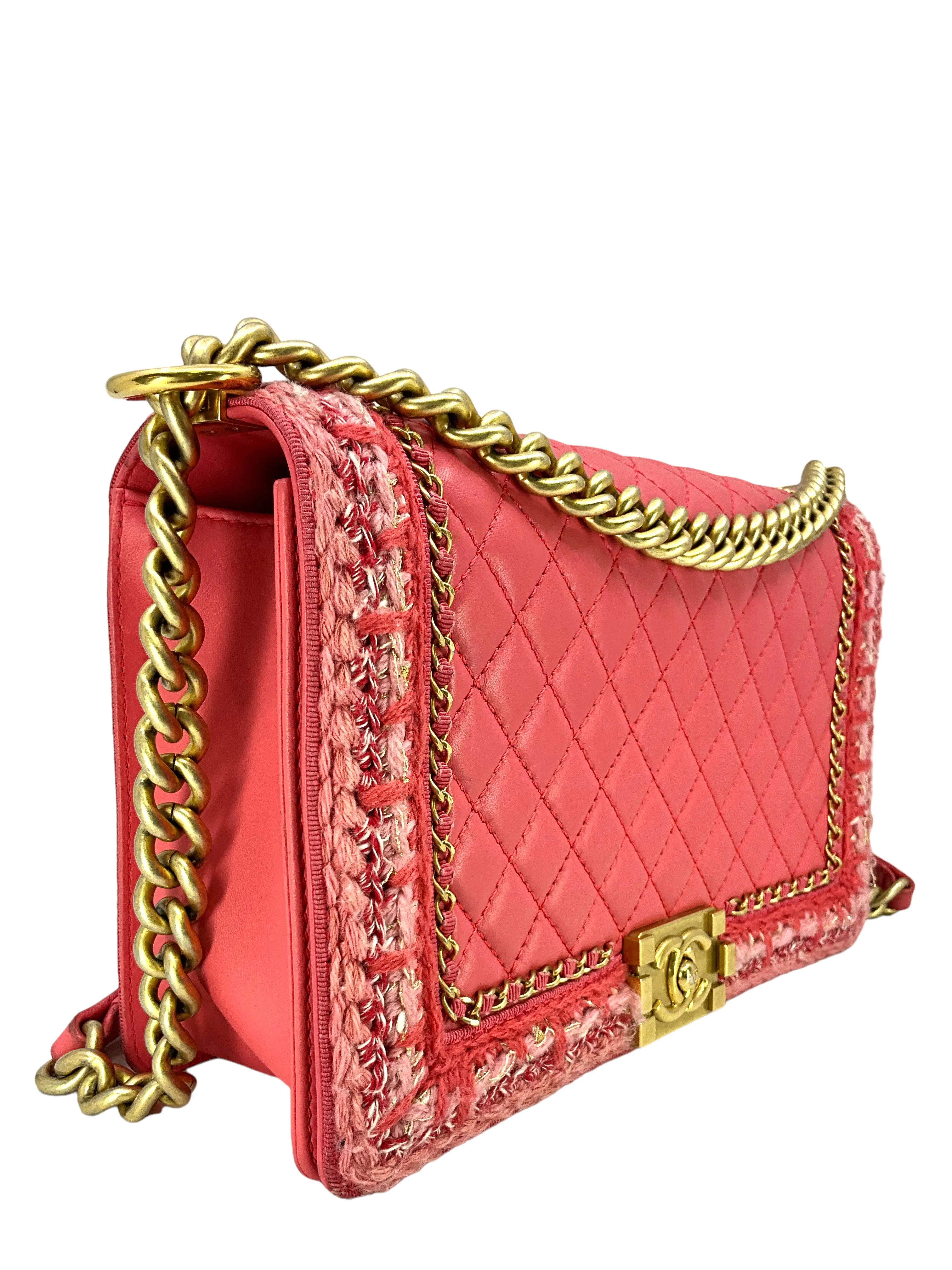 Chanel Pink Quilted Lambskin Boy Bag With Tweed Size M