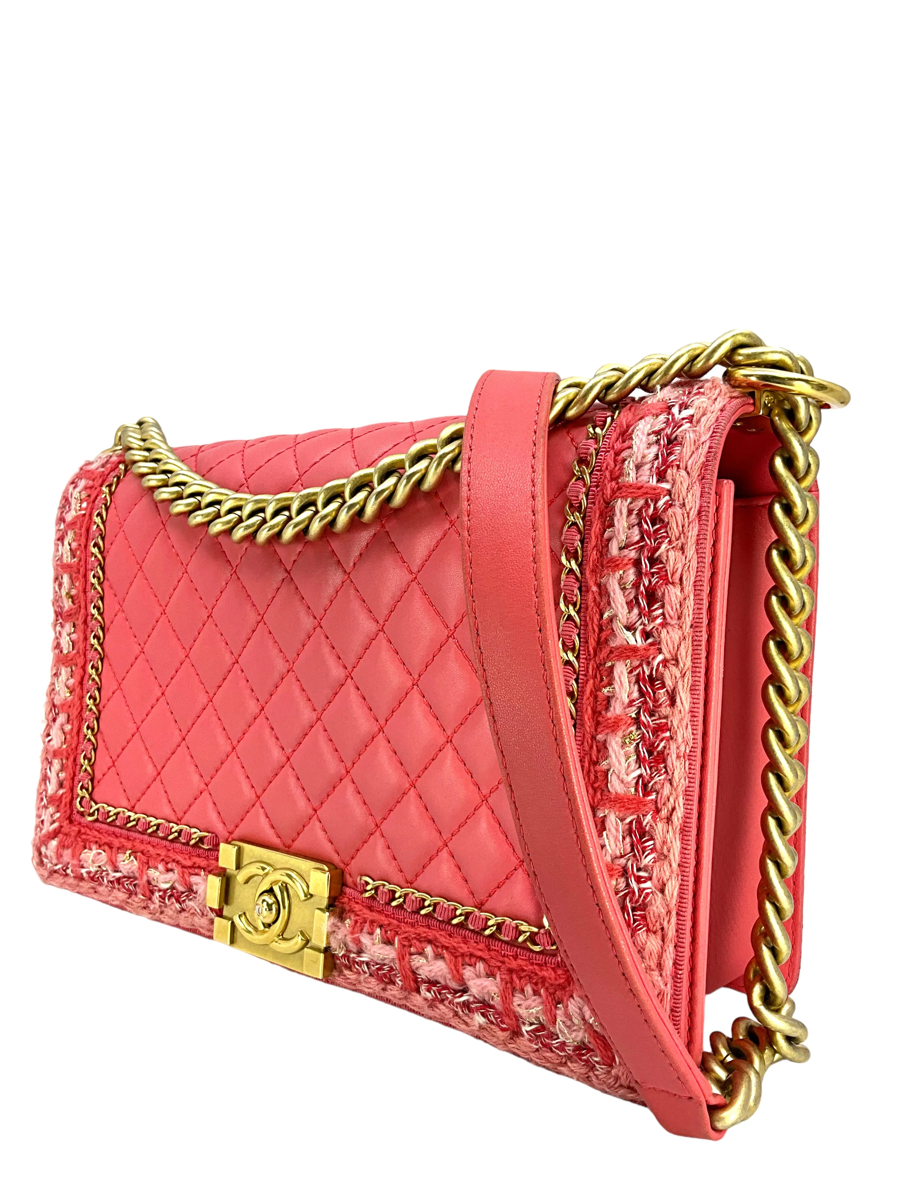 Chanel Pink Quilted Lambskin Boy Bag With Tweed Size M