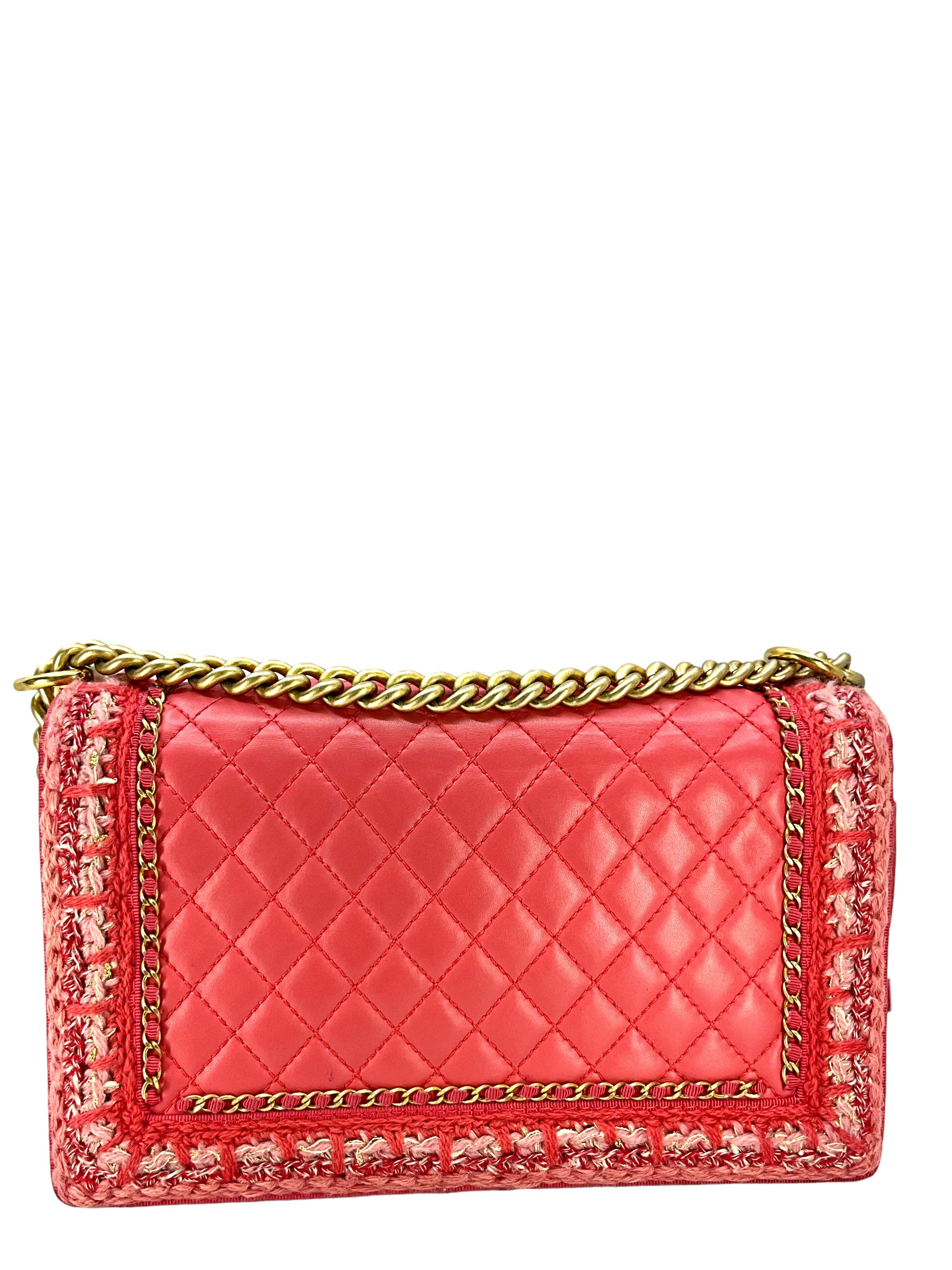 Chanel Pink Quilted Lambskin Boy Bag With Tweed Size M