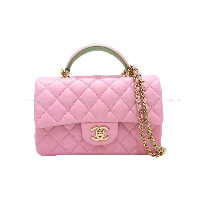 CHANEL Shoulder bag Matelasse COCO Mark Top Handle Mini Flap Chain Pink/Mint Green Lambskin Champagne Gold HW AS2431[EXCELLENT][Authentic]