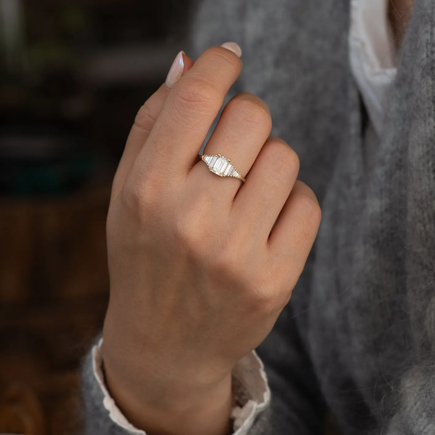 Classic Emerald Cut Engagement Ring with Tapered Needle Baguette Diamonds