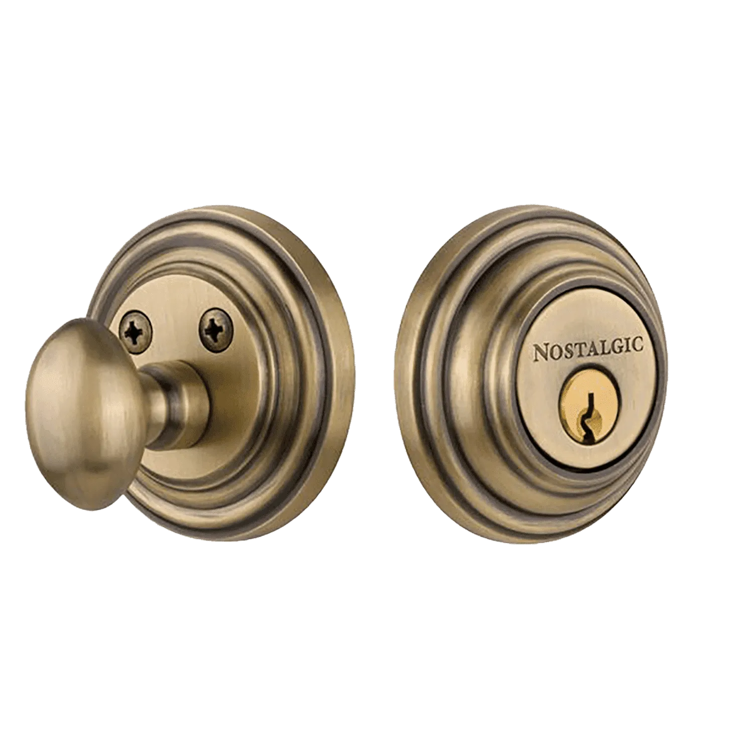 Classic Rosette Single Cylinder Deadbolt in Antique Brass