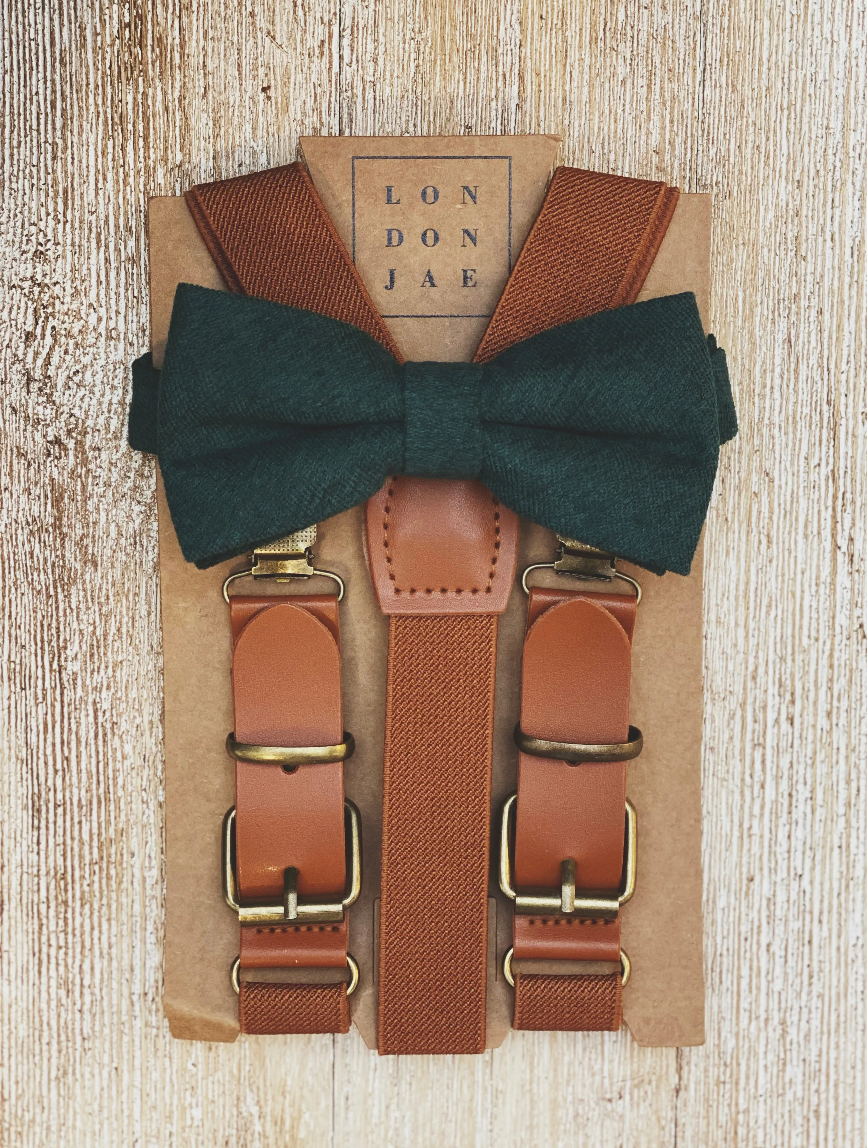 Cognac Brown Buckle Suspenders with Dark Green Cotton Bow Tie Set