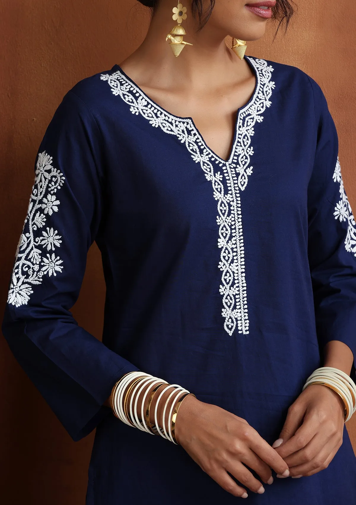 Cotton Chikankari Solid Women's 2 PC Long Kurta Set - Navy Blue