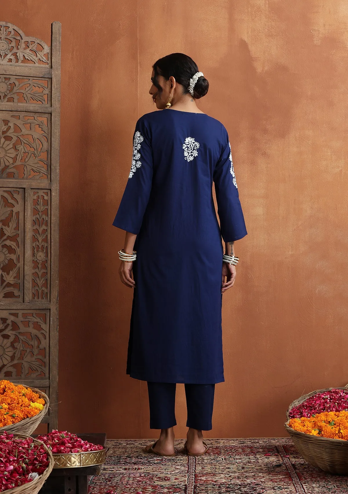 Cotton Chikankari Solid Women's 2 PC Long Kurta Set - Navy Blue