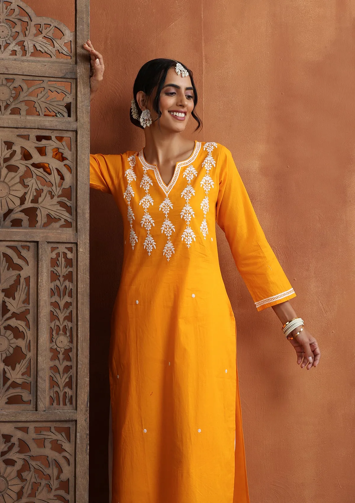 Cotton Chikankari Solid Women's Long Kurta - Orange