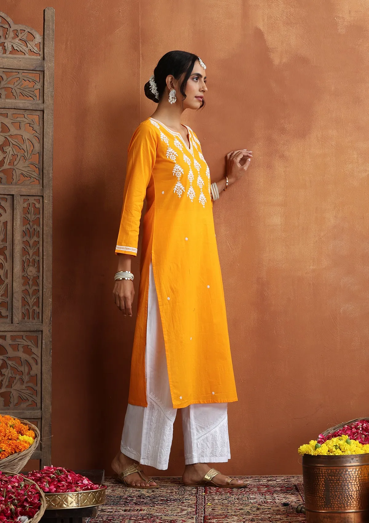 Cotton Chikankari Solid Women's Long Kurta - Orange