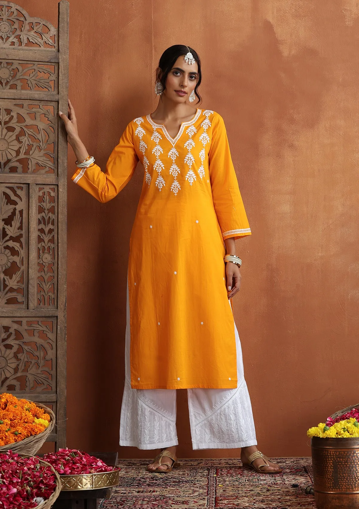 Cotton Chikankari Solid Women's Long Kurta - Orange