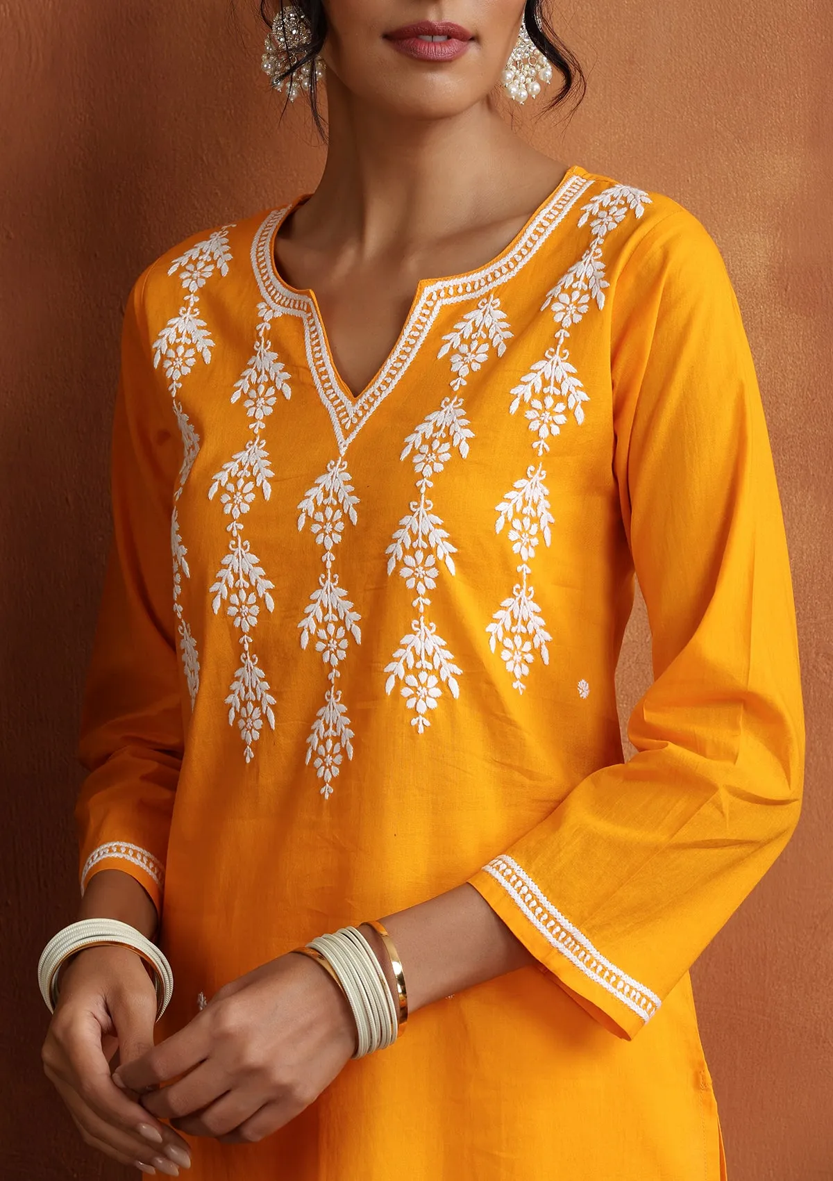 Cotton Chikankari Solid Women's Long Kurta - Orange