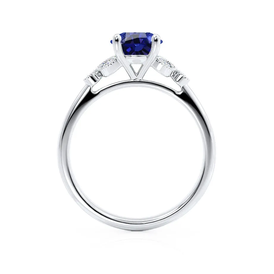 DELILAH - Chatham® Round Blue Sapphire 18k White Gold Shoulder Set Ring