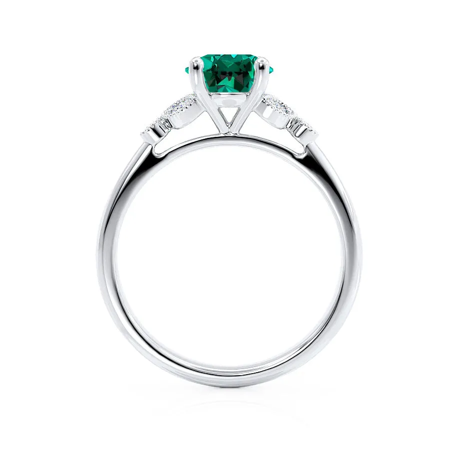 DELILAH - Chatham® Round Emerald 18k White Gold Shoulder Set Ring