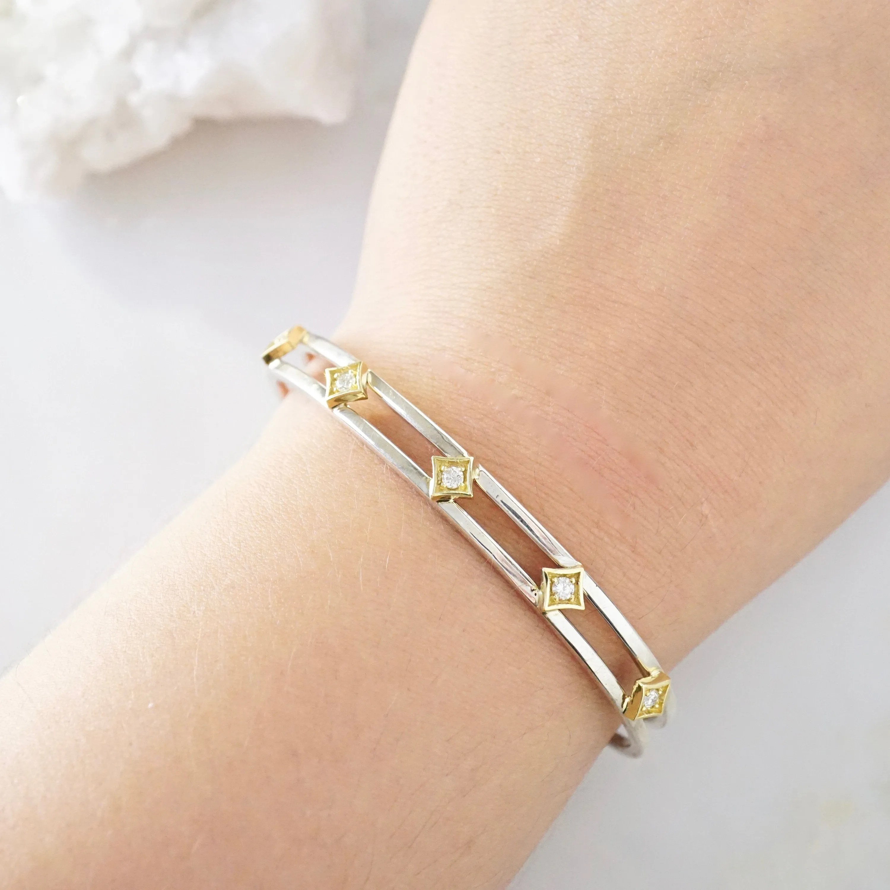 Diamond Bangle in 18k Gold and Silver, Celestial Diamond Cuff