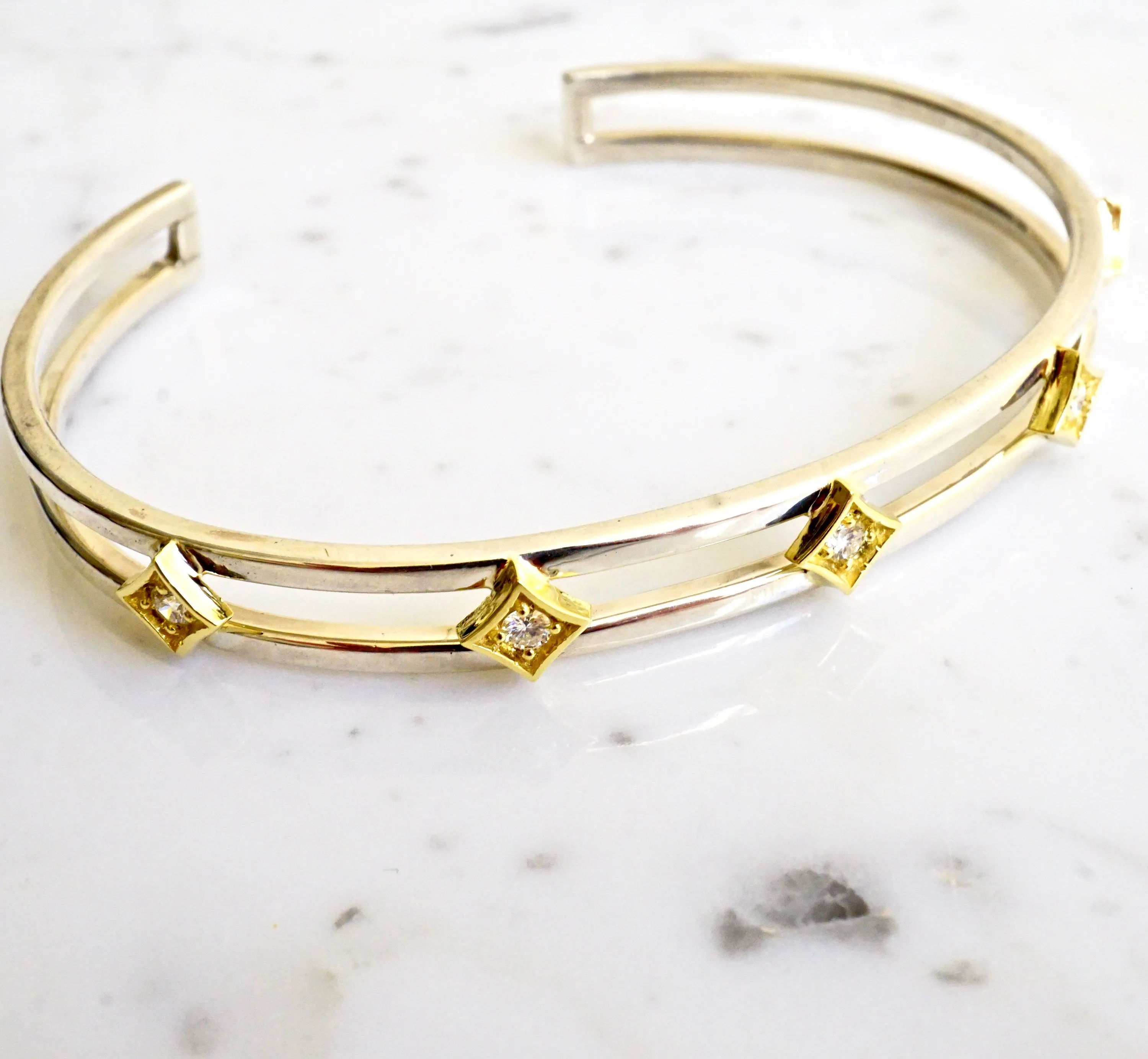 Diamond Bangle in 18k Gold and Silver, Celestial Diamond Cuff