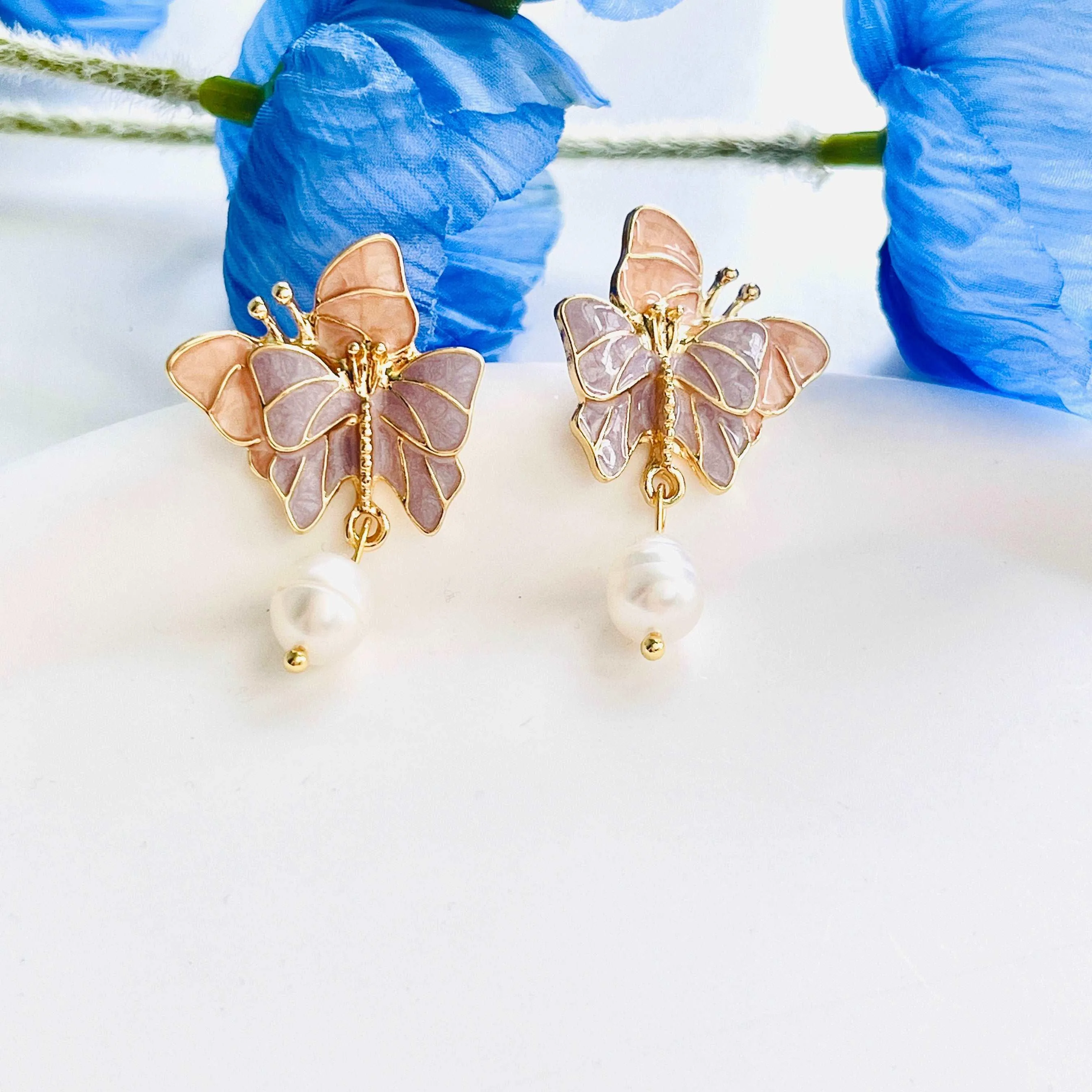 Double Butterfly Freshwater Pearl Earrings