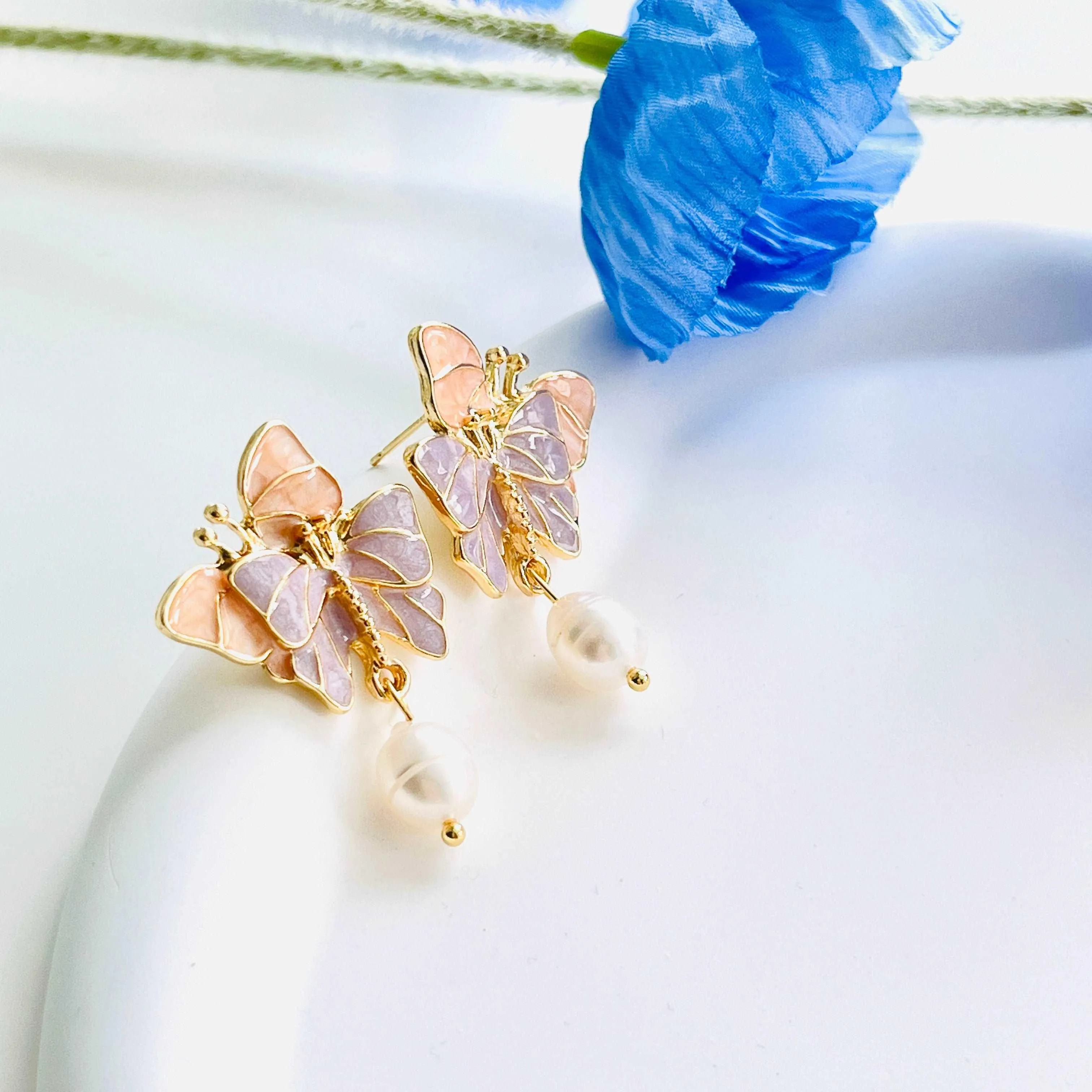 Double Butterfly Freshwater Pearl Earrings