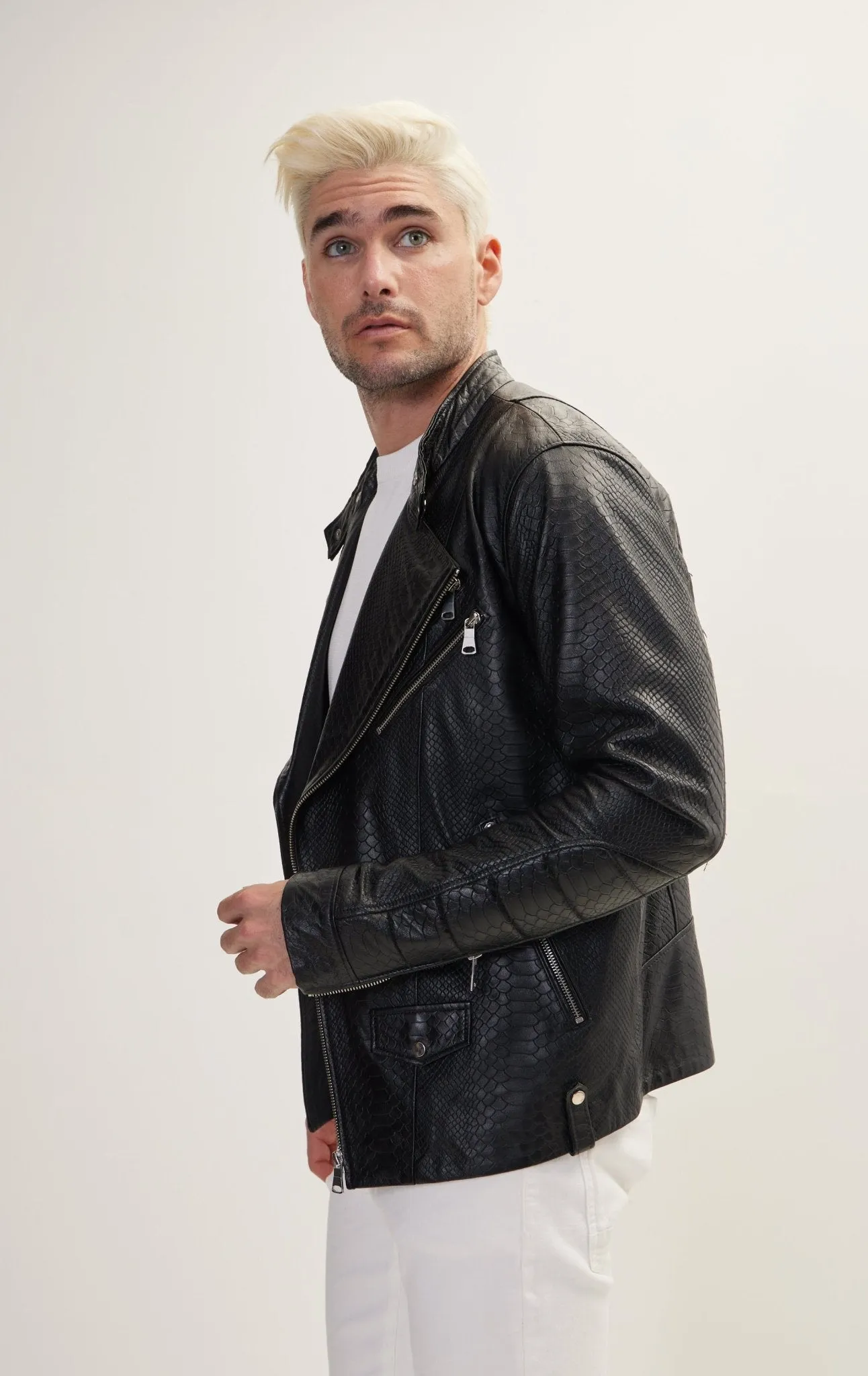 Double Zipper Cafe Racers Jacket - Black Leather Snake Embossed