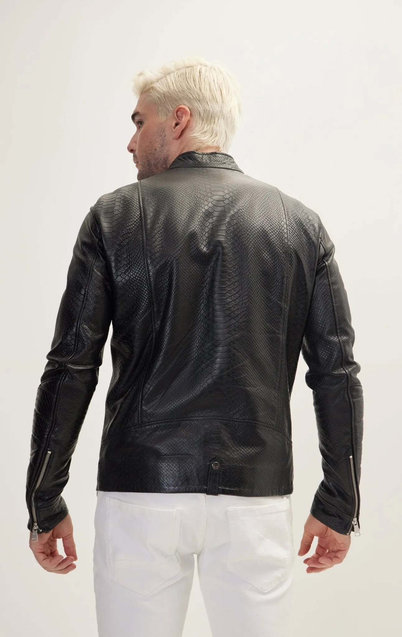 Double Zipper Cafe Racers Jacket - Black Leather Snake Embossed