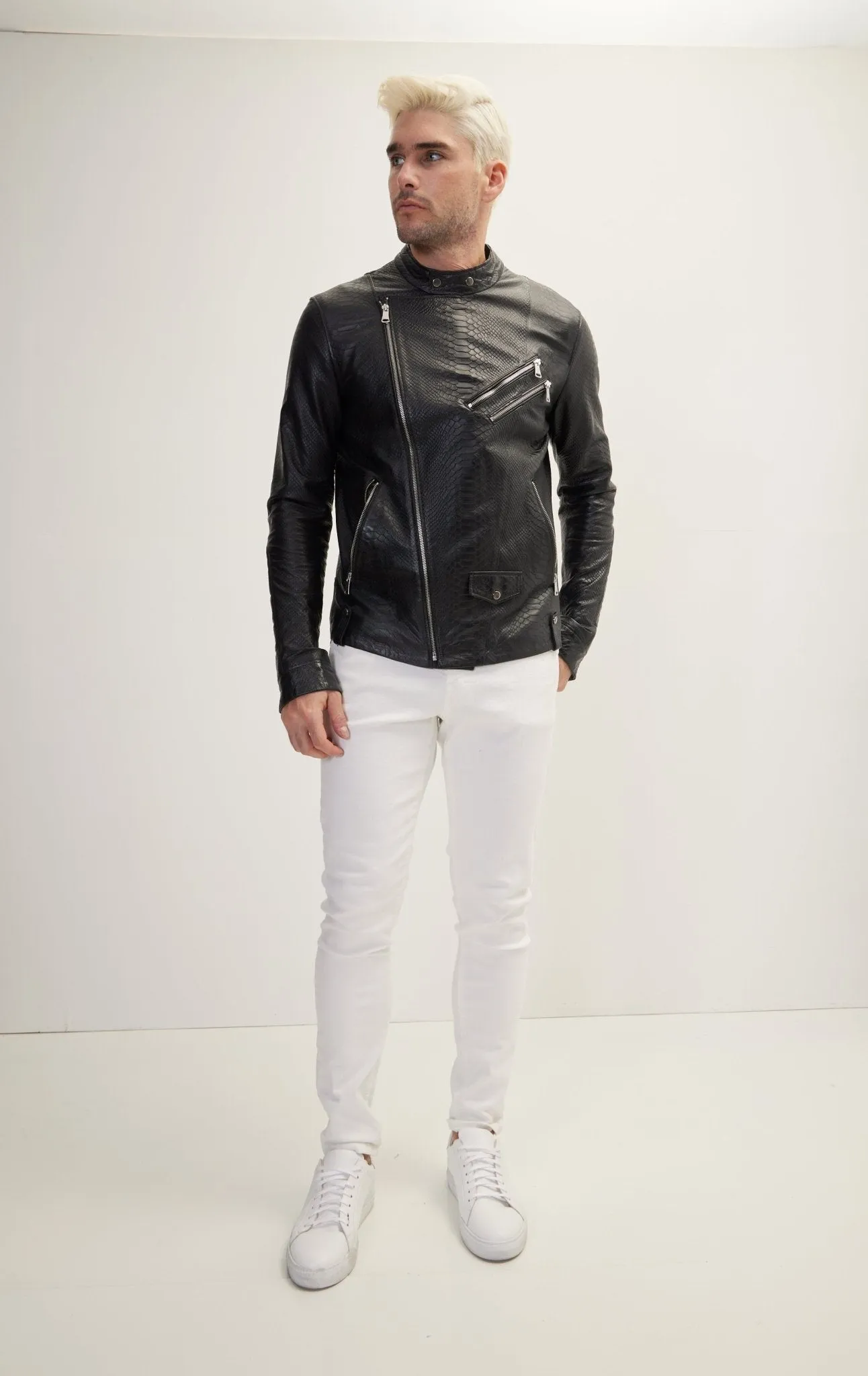 Double Zipper Cafe Racers Jacket - Black Leather Snake Embossed