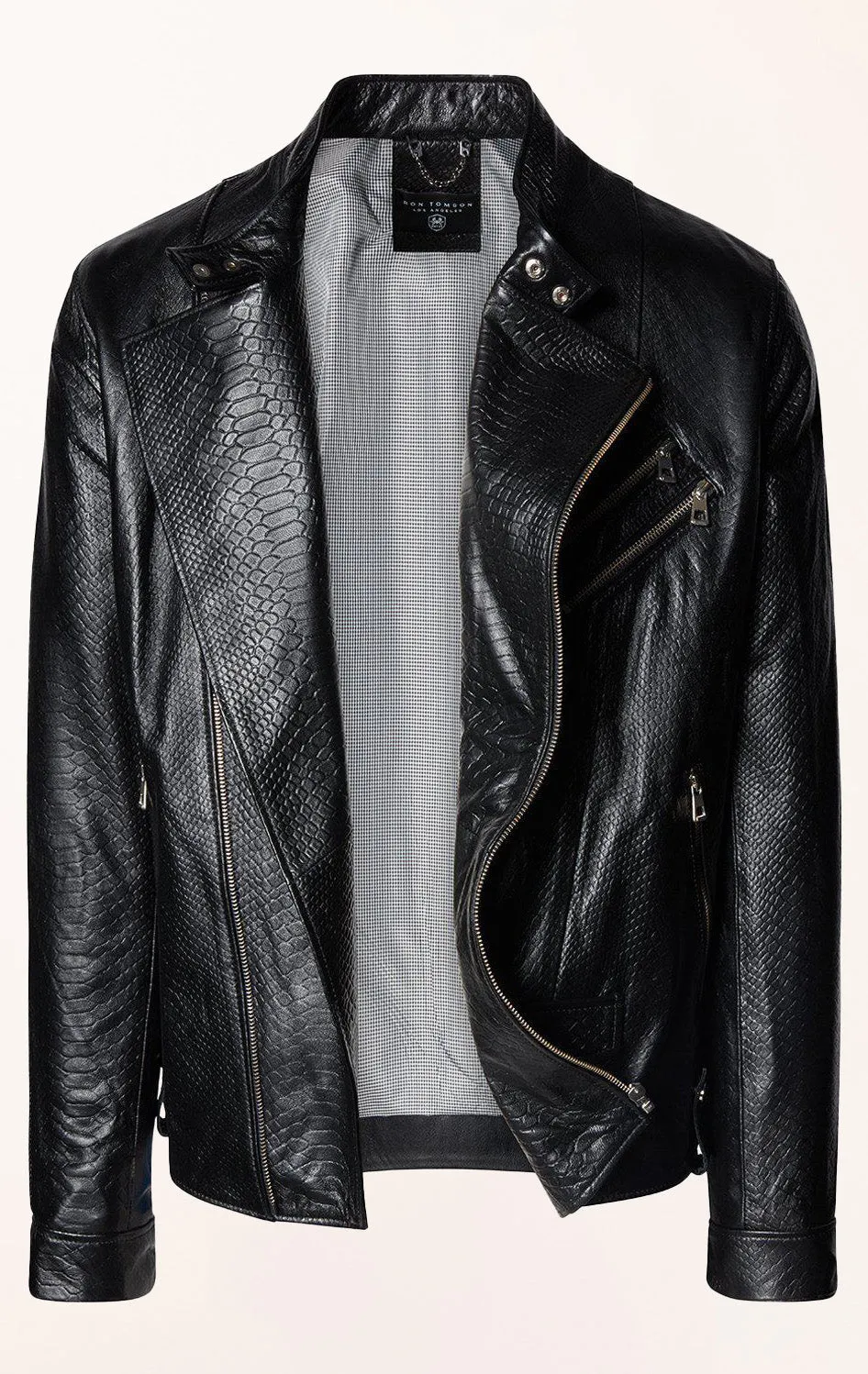 Double Zipper Cafe Racers Jacket - Black Leather Snake Embossed