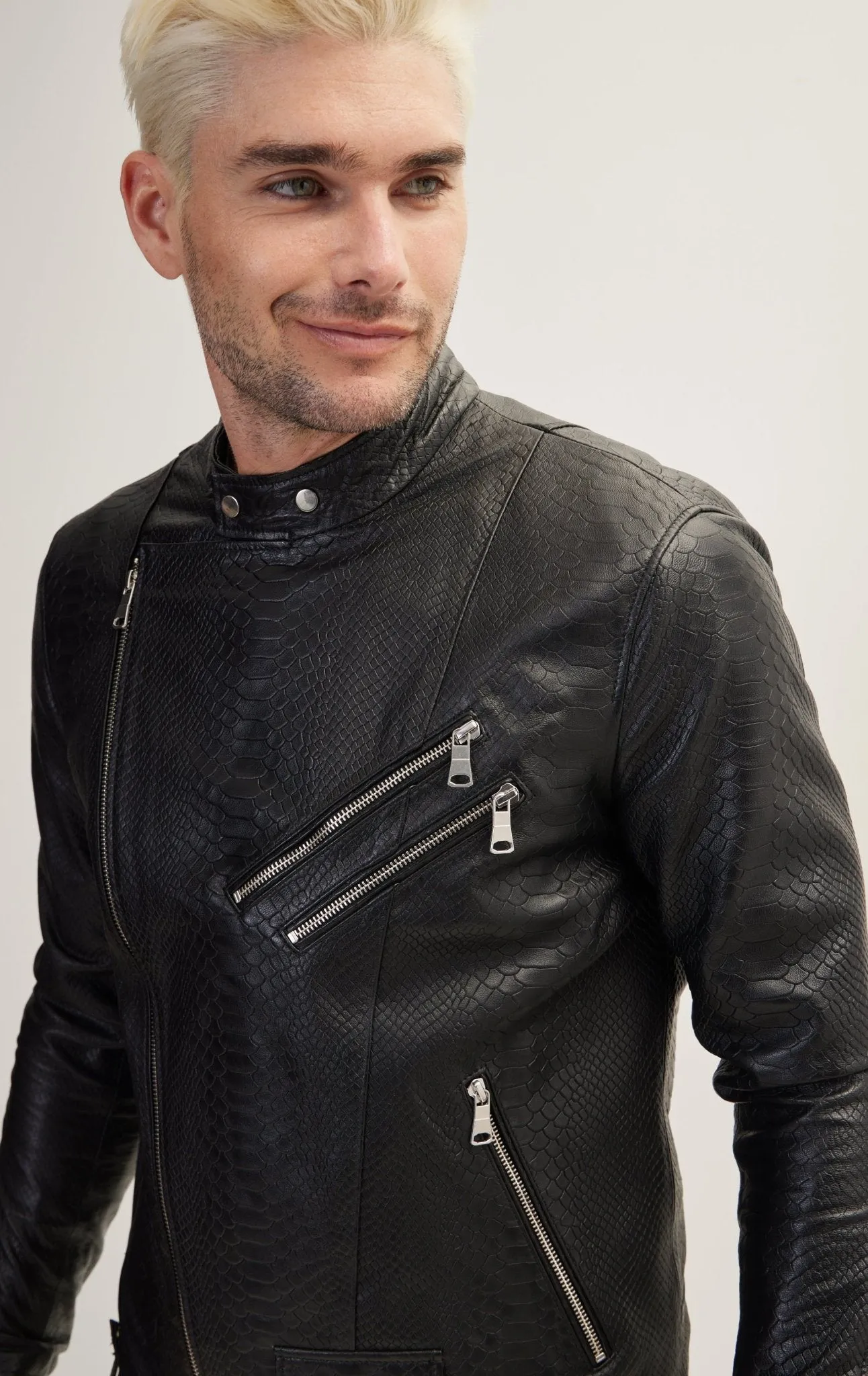 Double Zipper Cafe Racers Jacket - Black Leather Snake Embossed