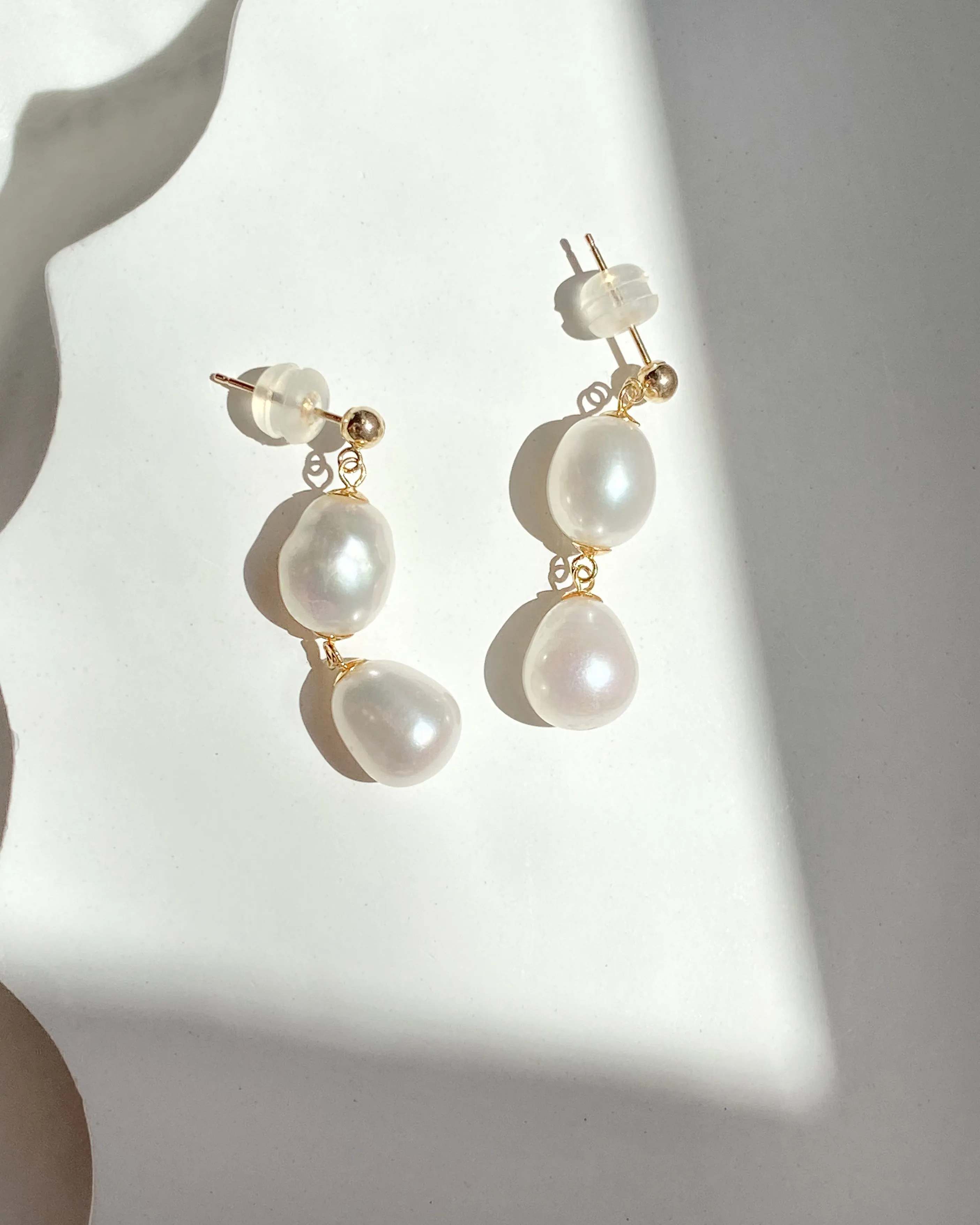 Elisse Double Drop Pearl Studs | Solid Gold