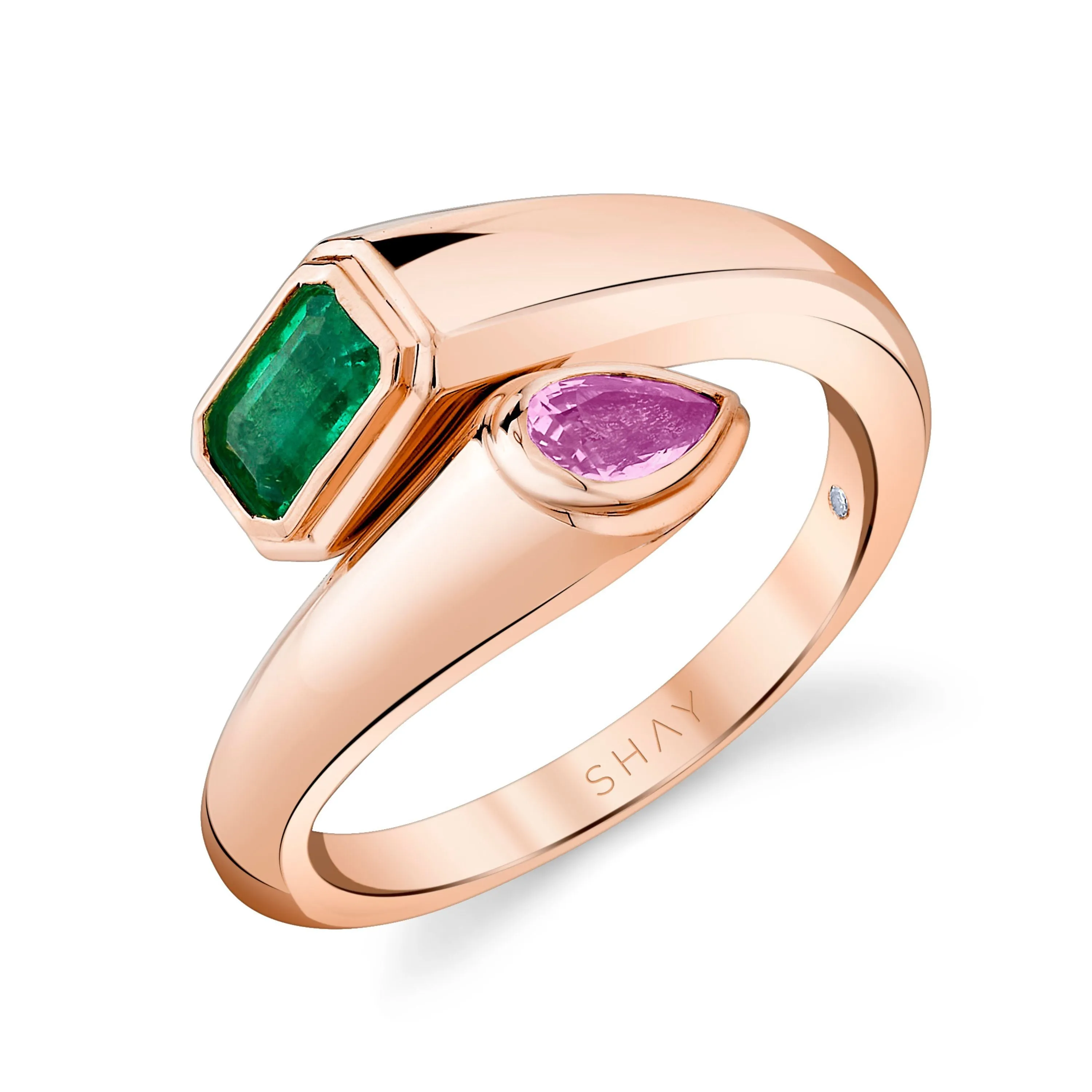 EMERALD & PINK SAPPHIRE MIXED BYPASS PINKY RING