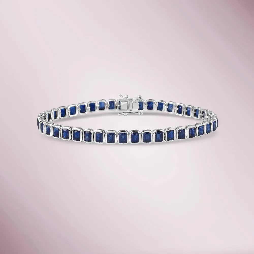 Emerald Cut Blue Sapphires Tennis Bracelet (13.00 ct.) Bezel Setting in 14K Gold