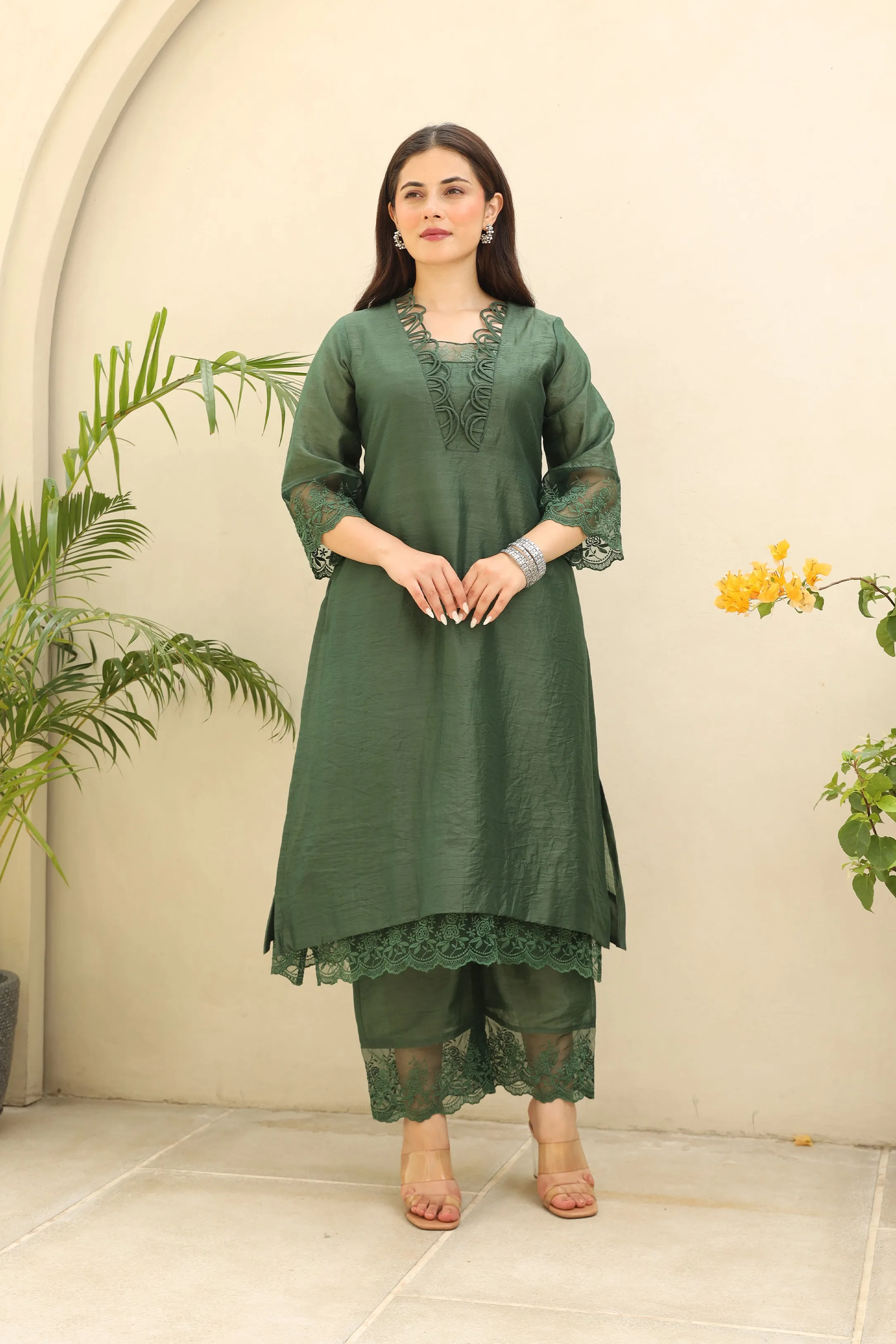 Emerald Elegance Chanderi fabric suit set