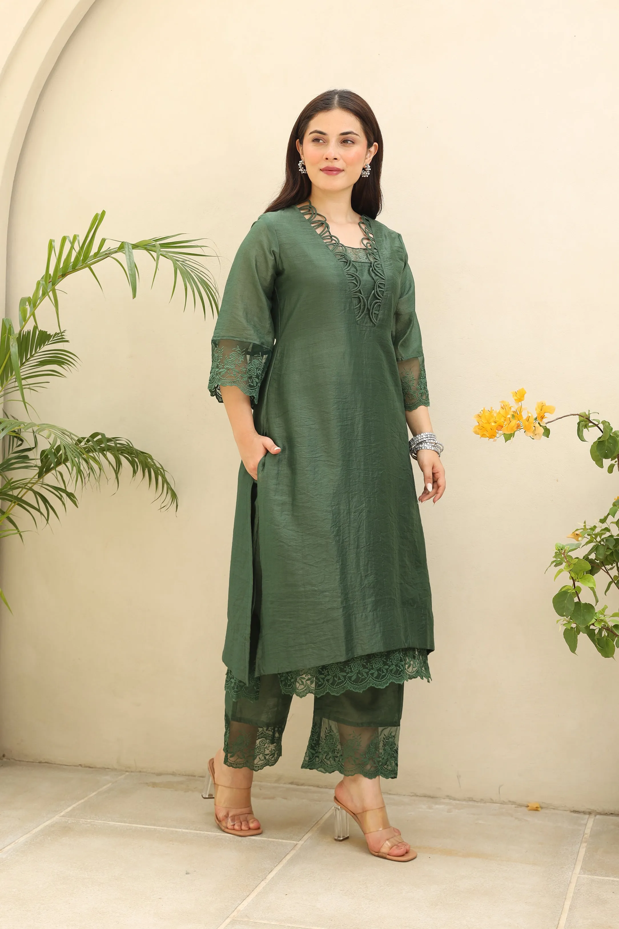 Emerald Elegance Chanderi fabric suit set