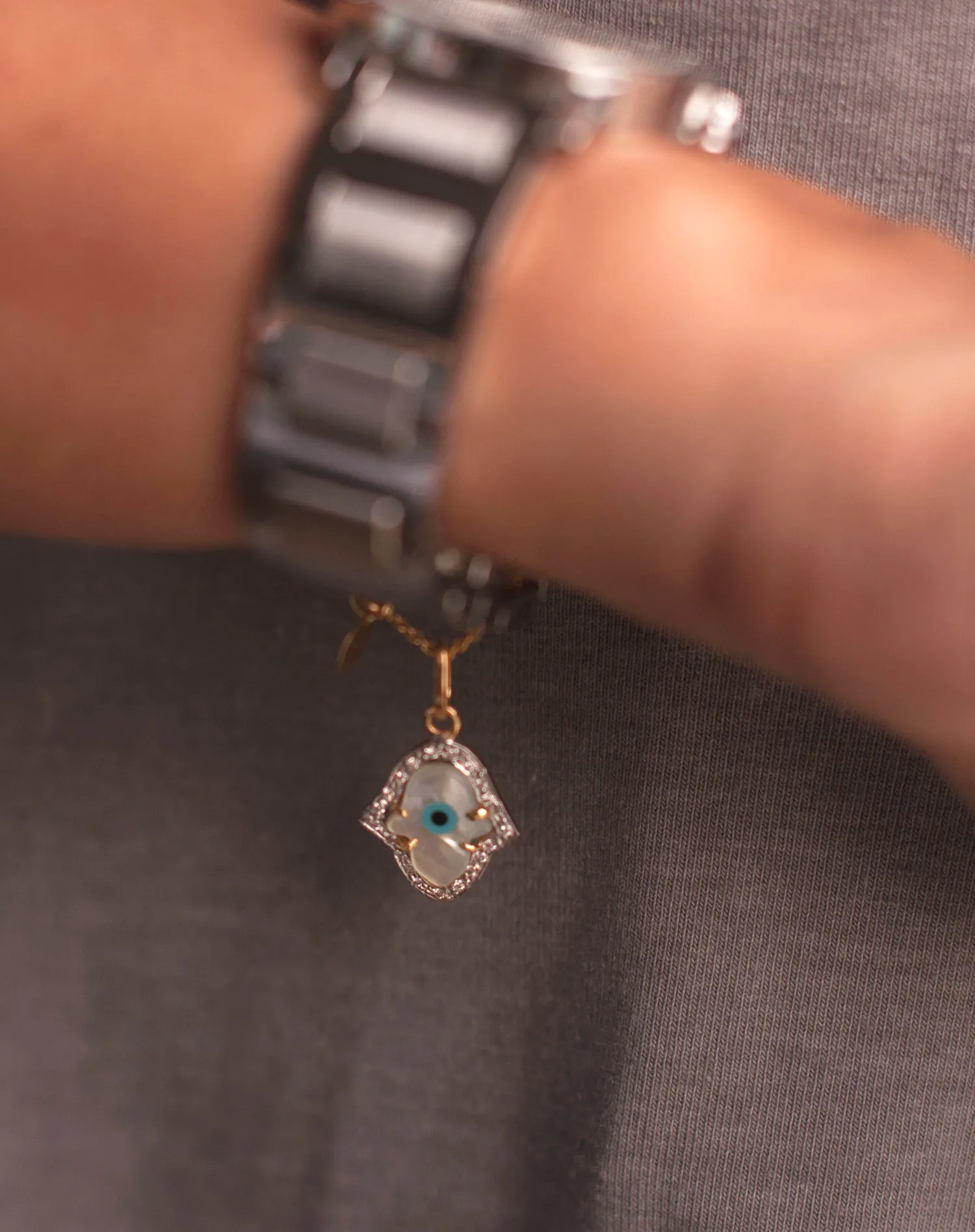 Evil Eye Charm Pendant - Hamsa Hand with Diamonds