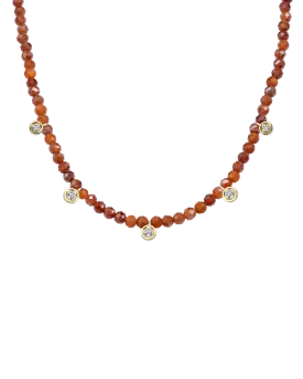 Garnet Gemstone & Five diamonds Necklace - 14K Yellow Gold