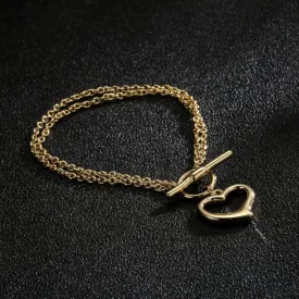 Gold Filled Bonded Double Bracelet Heart Charm T-Bar 7 Inch