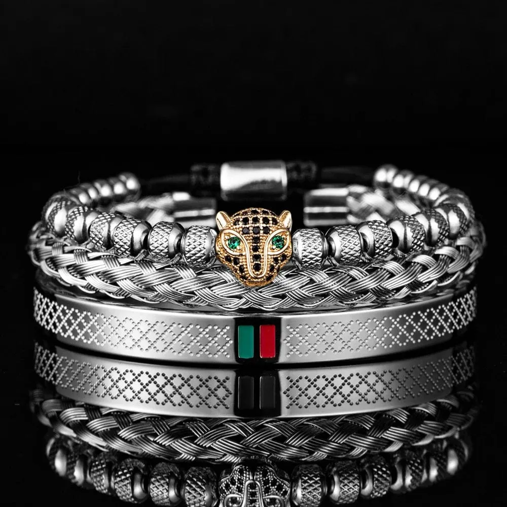 Handcrafted Luxury Braided Stainless Steel Bracelet for Men - CZ Leopard Head with Green and Red Enamel Accents