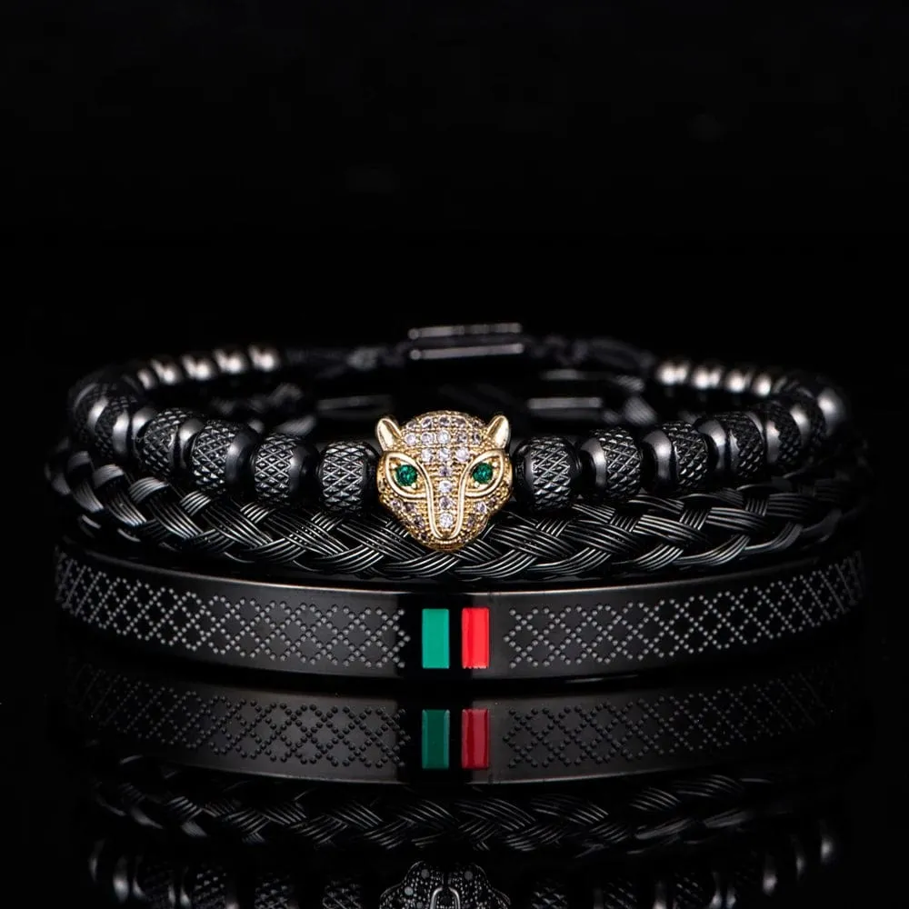 Handcrafted Luxury Braided Stainless Steel Bracelet for Men - CZ Leopard Head with Green and Red Enamel Accents