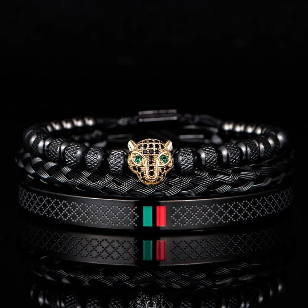 Handcrafted Luxury Braided Stainless Steel Bracelet for Men - CZ Leopard Head with Green and Red Enamel Accents