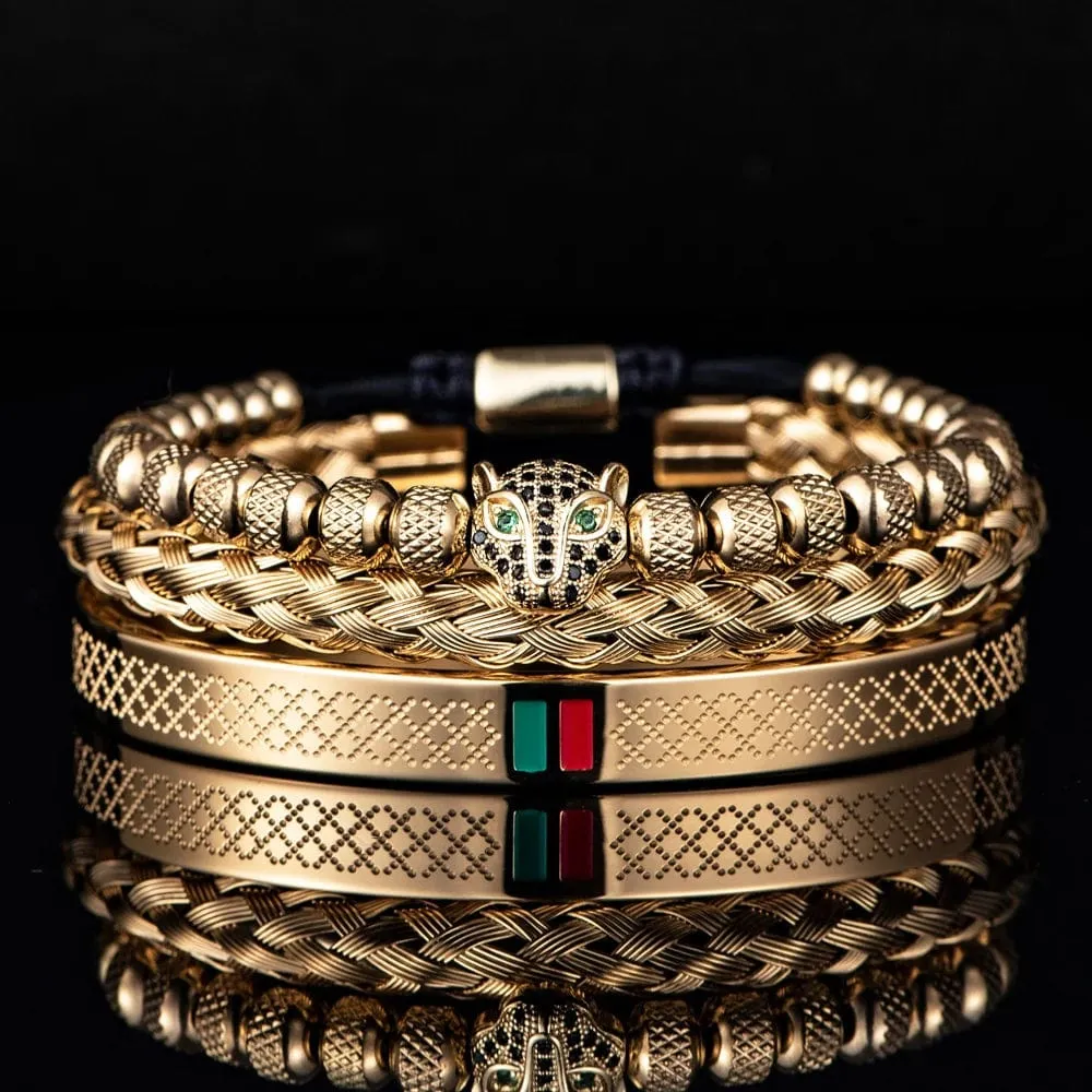 Handcrafted Luxury Braided Stainless Steel Bracelet for Men - CZ Leopard Head with Green and Red Enamel Accents