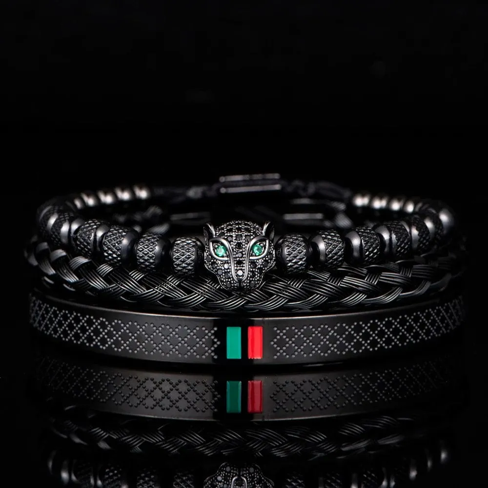 Handcrafted Luxury Braided Stainless Steel Bracelet for Men - CZ Leopard Head with Green and Red Enamel Accents