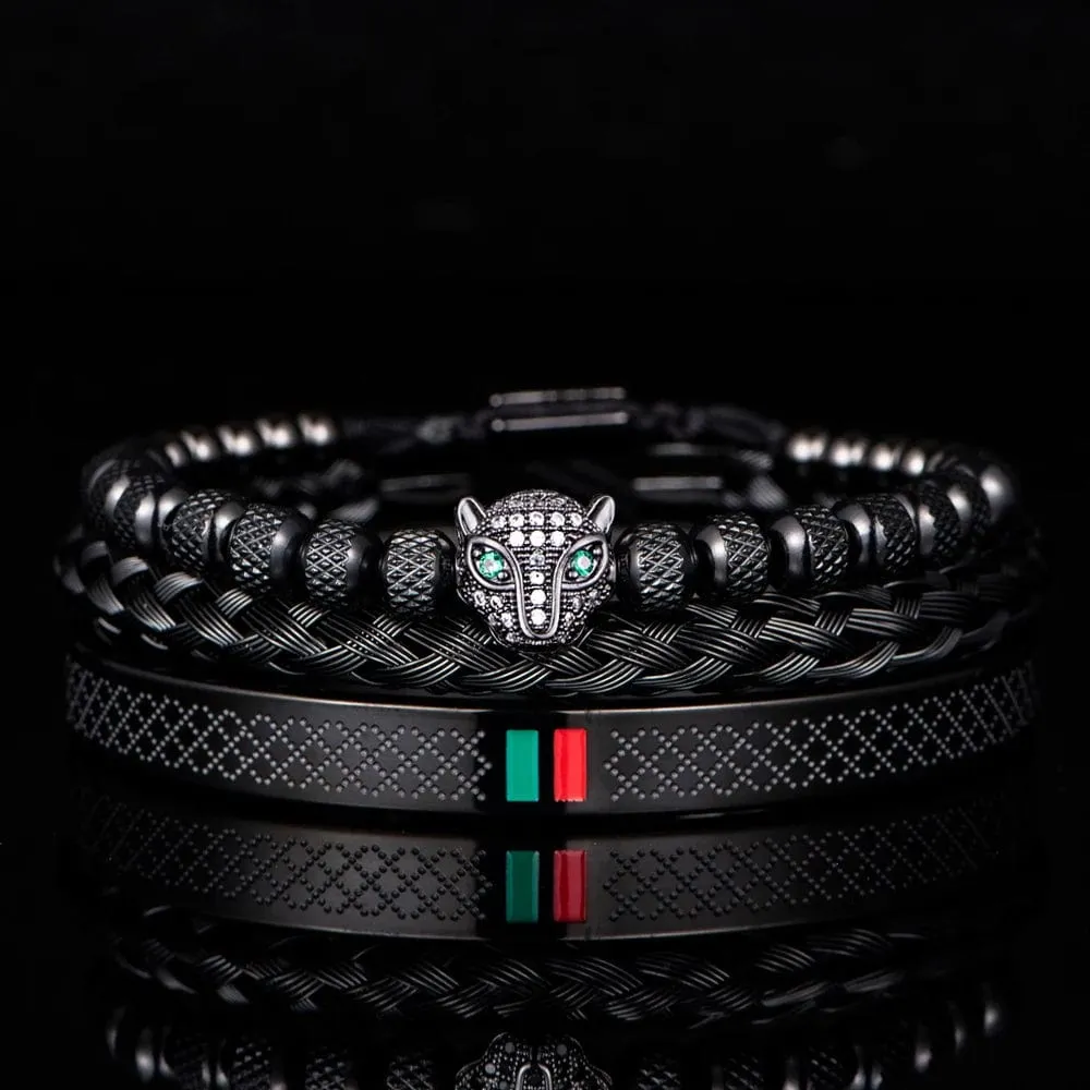 Handcrafted Luxury Braided Stainless Steel Bracelet for Men - CZ Leopard Head with Green and Red Enamel Accents