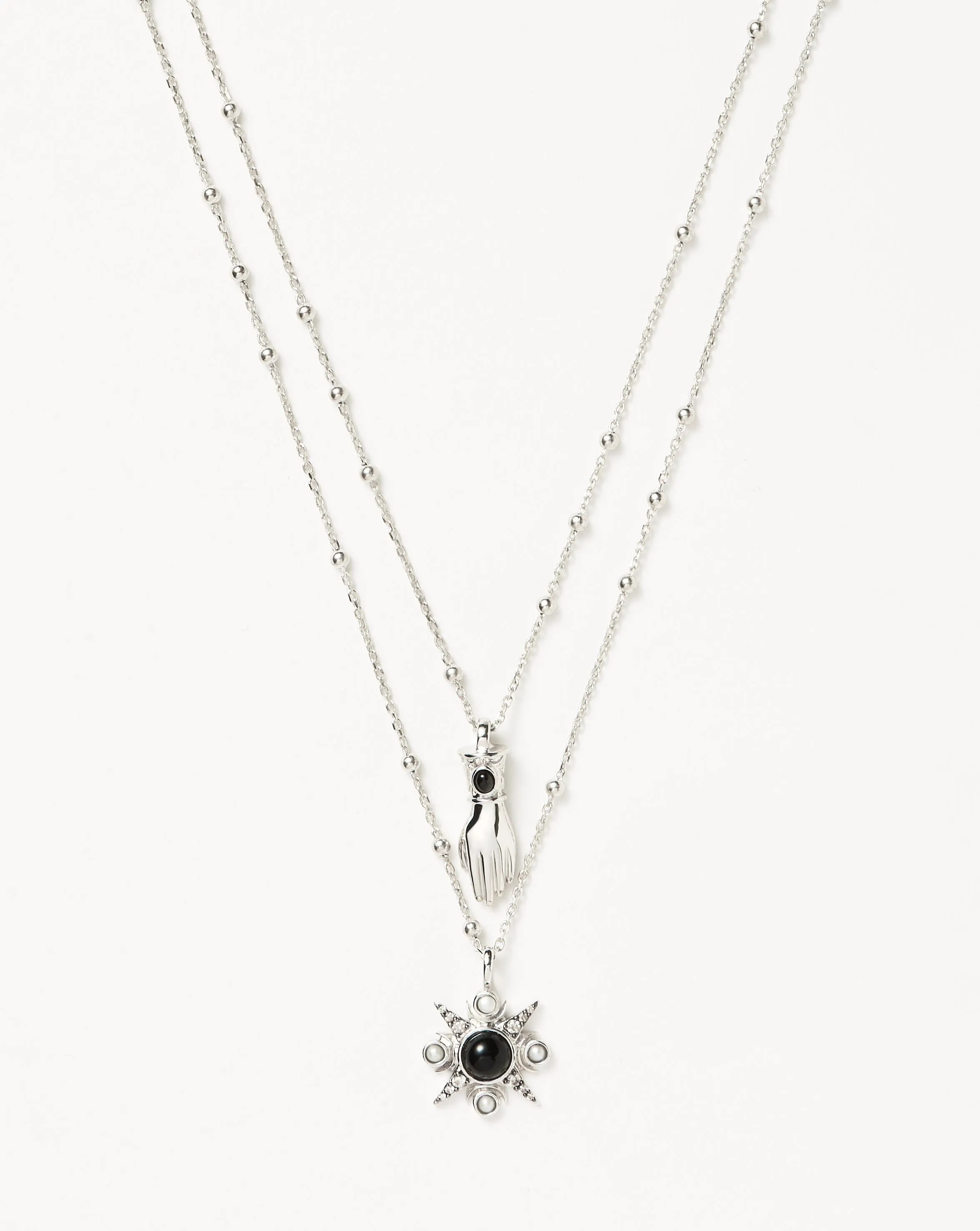 Harris Reed Handpicked Double Chain Pendant Necklace | Silver Plated/Pearl & Onyx