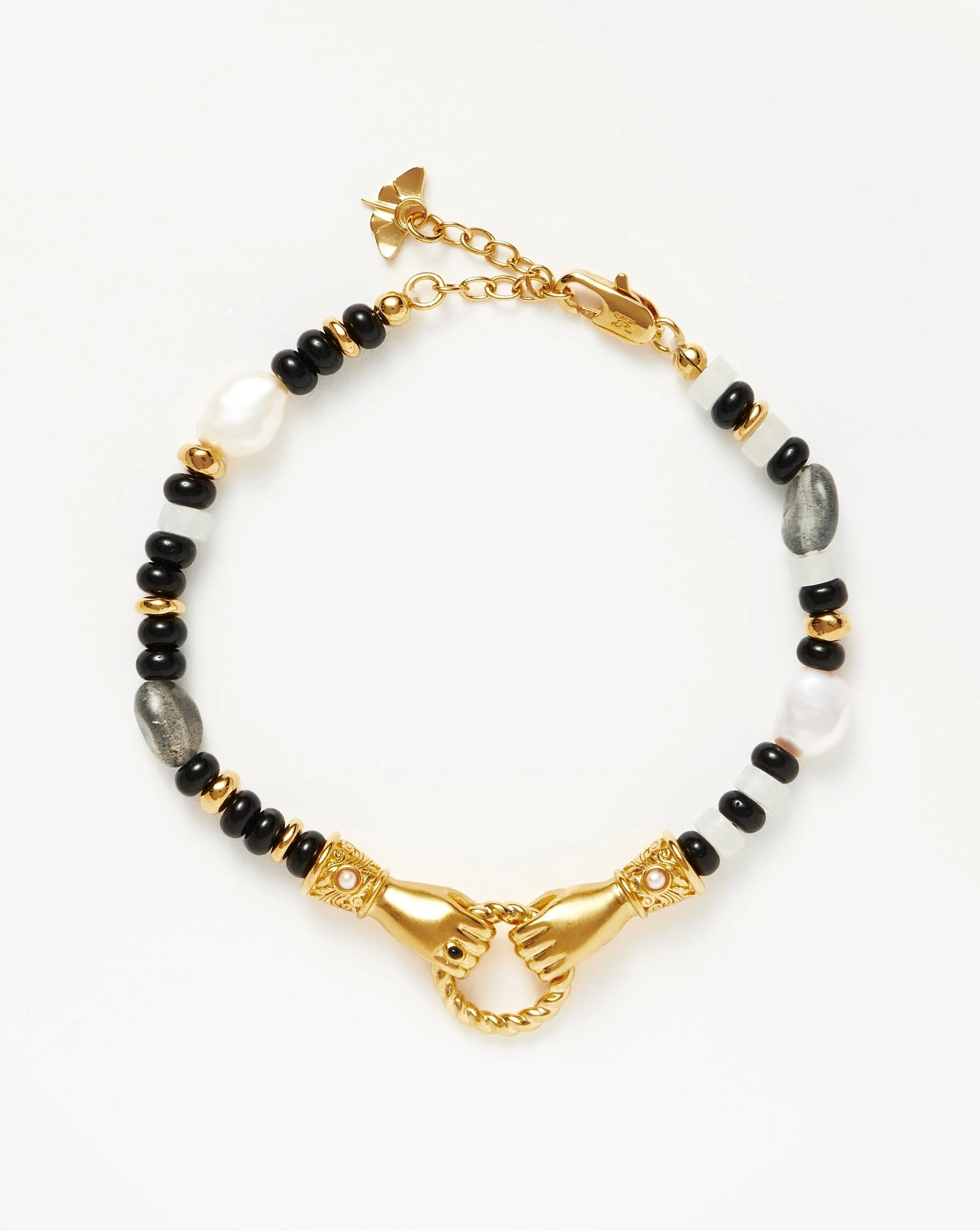 Harris Reed In Good Hands Beaded Gemstone Bracelet | 18k Gold Plated/Black Chalcedony & Pearl