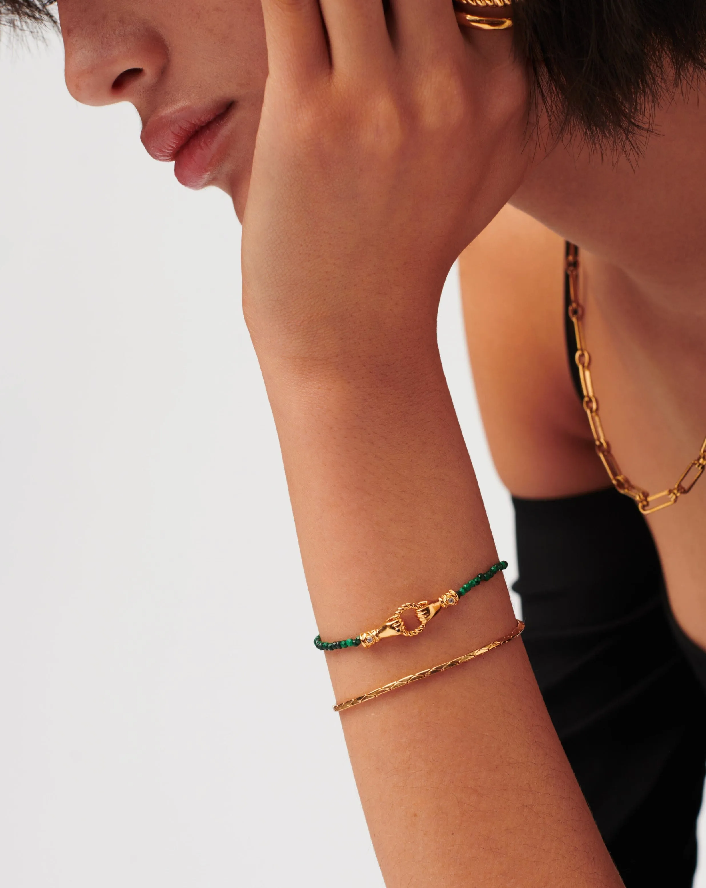 Harris Reed In Good Hands Mini Beaded Gemstone Bracelet | 18k Gold Plated/Malachite