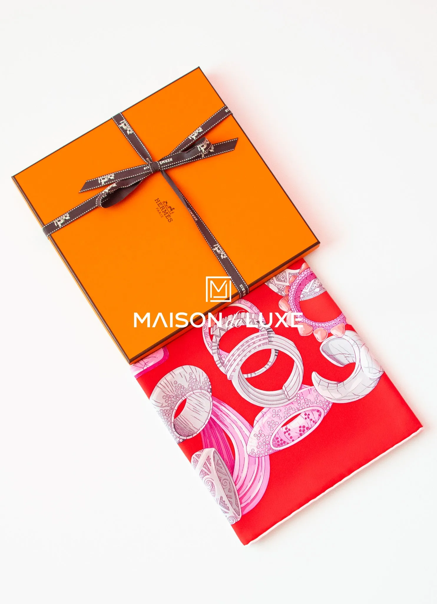 Hermes "Bracelets de Lumiere" Red Twill Silk 90 cm Scarf