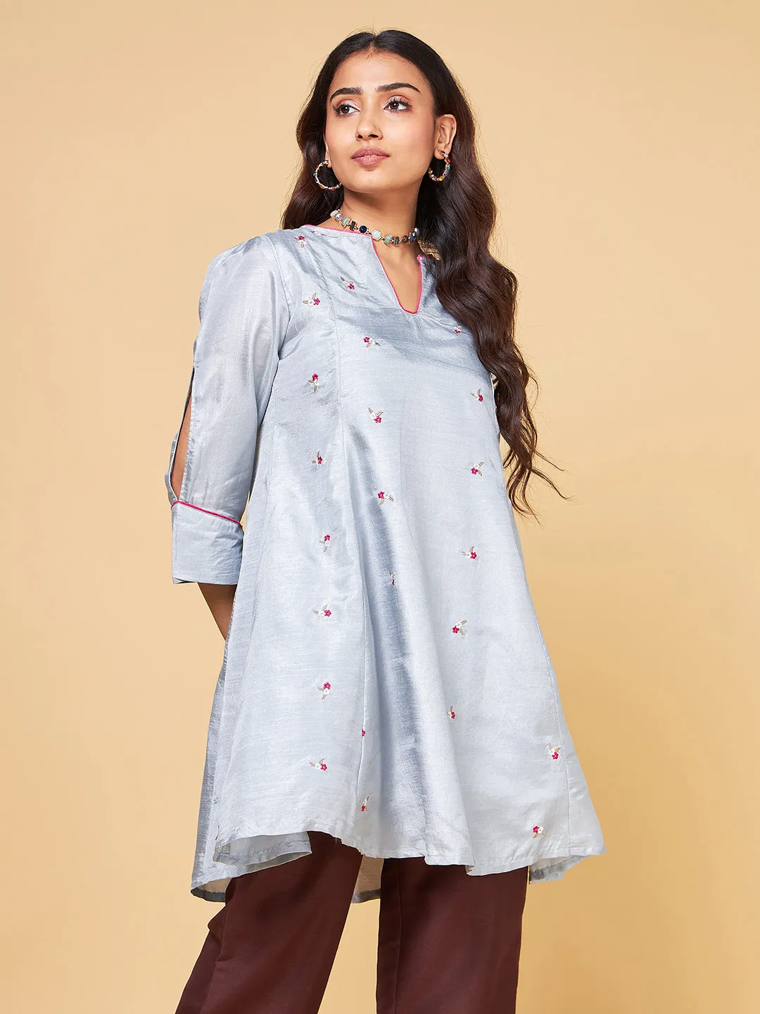 Inara Grey Ditsy Floral Embroidered Kurta