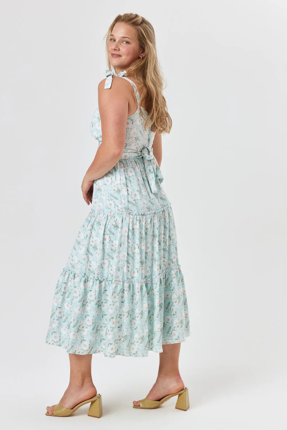 Light Blue Floral Ruffle Midi Dress