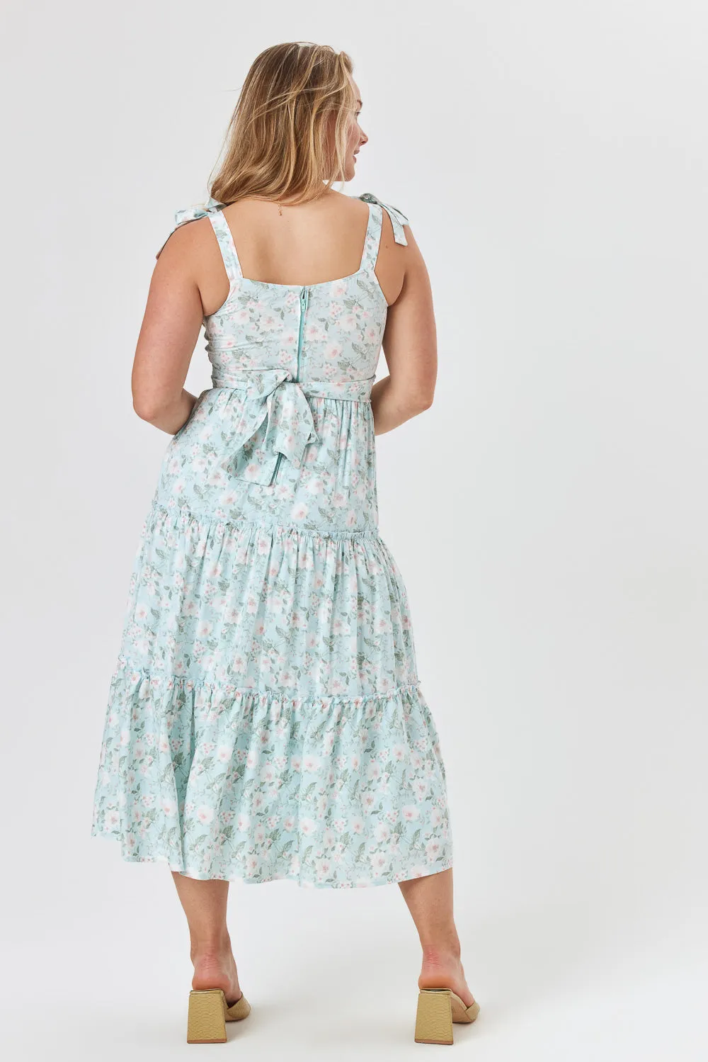 Light Blue Floral Ruffle Midi Dress