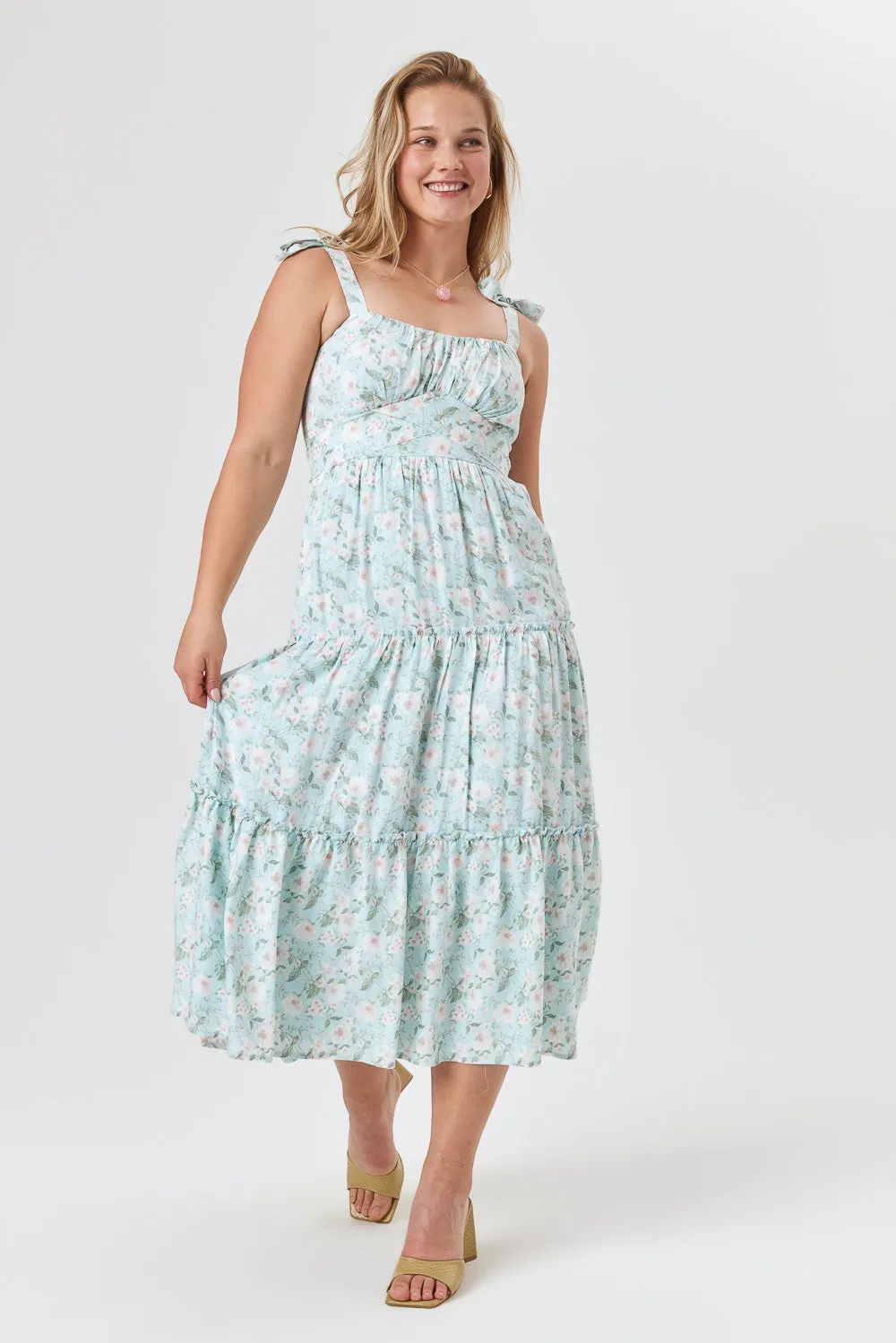 Light Blue Floral Ruffle Midi Dress